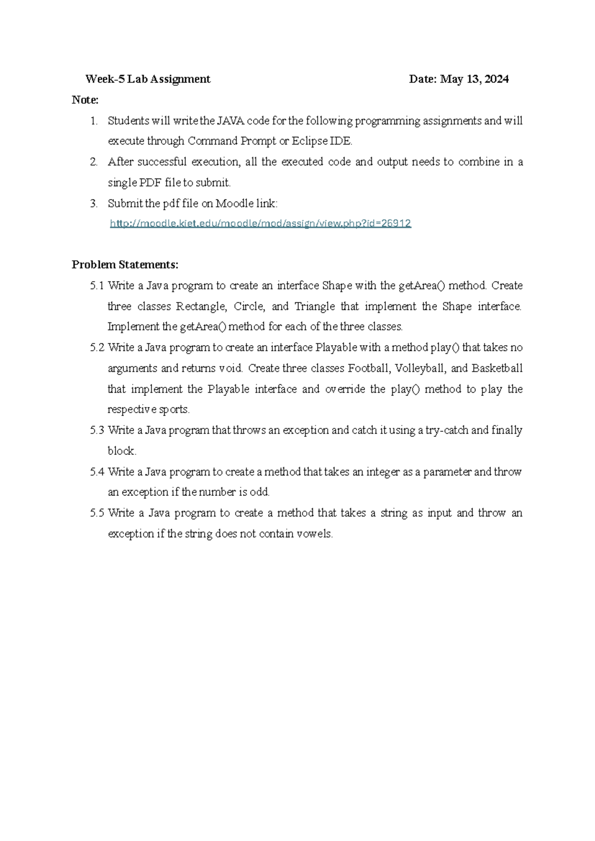 Week-5 - xyz - Week- 5 Lab Assignment Date: May 13 , 2024 Note ...