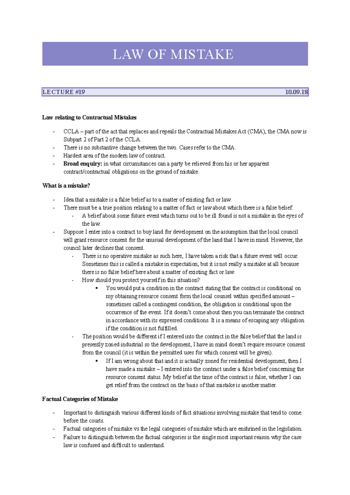 LAW OF Mistake - Summary The Law Of Contract - LAW OF MISTAKE LECTURE ...