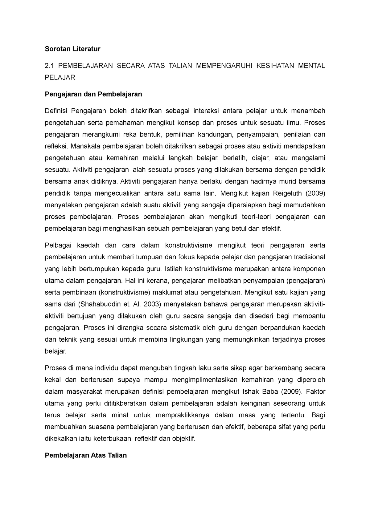 Contoh Sorotan Literatur Berkenaan Kesihatan Minda Sorotan Literatur