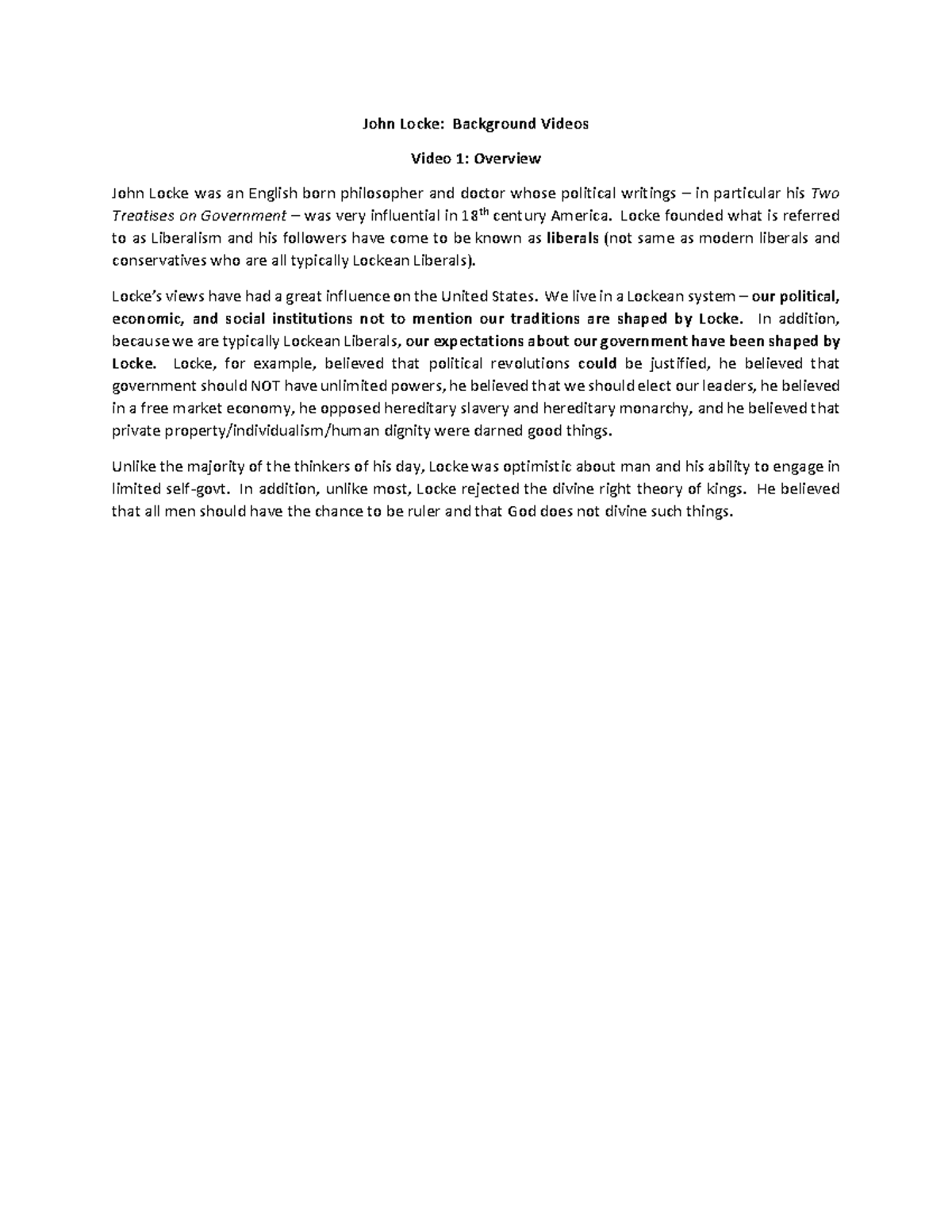 John Locke Overview and State of Nature John Locke Background Videos