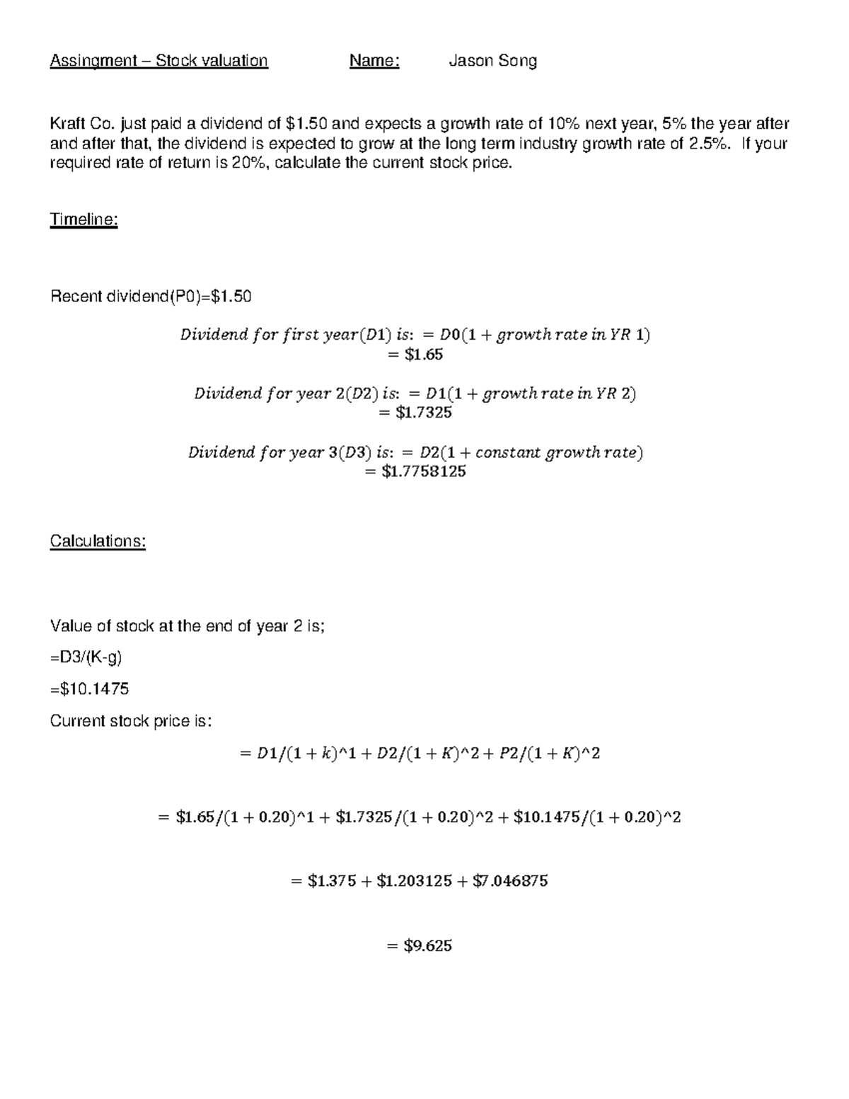 stock valuation assignment