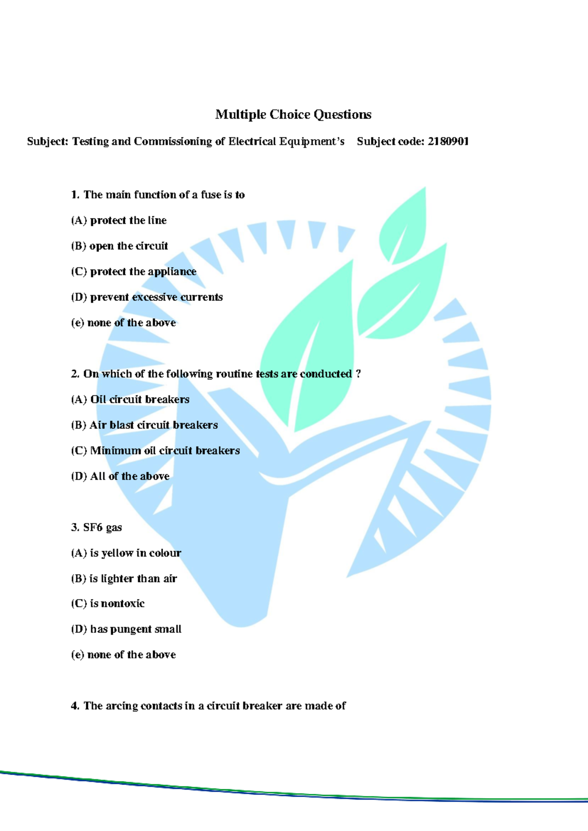 Mcq Of Testing And Commissioning Of Electrical Equipments2180901