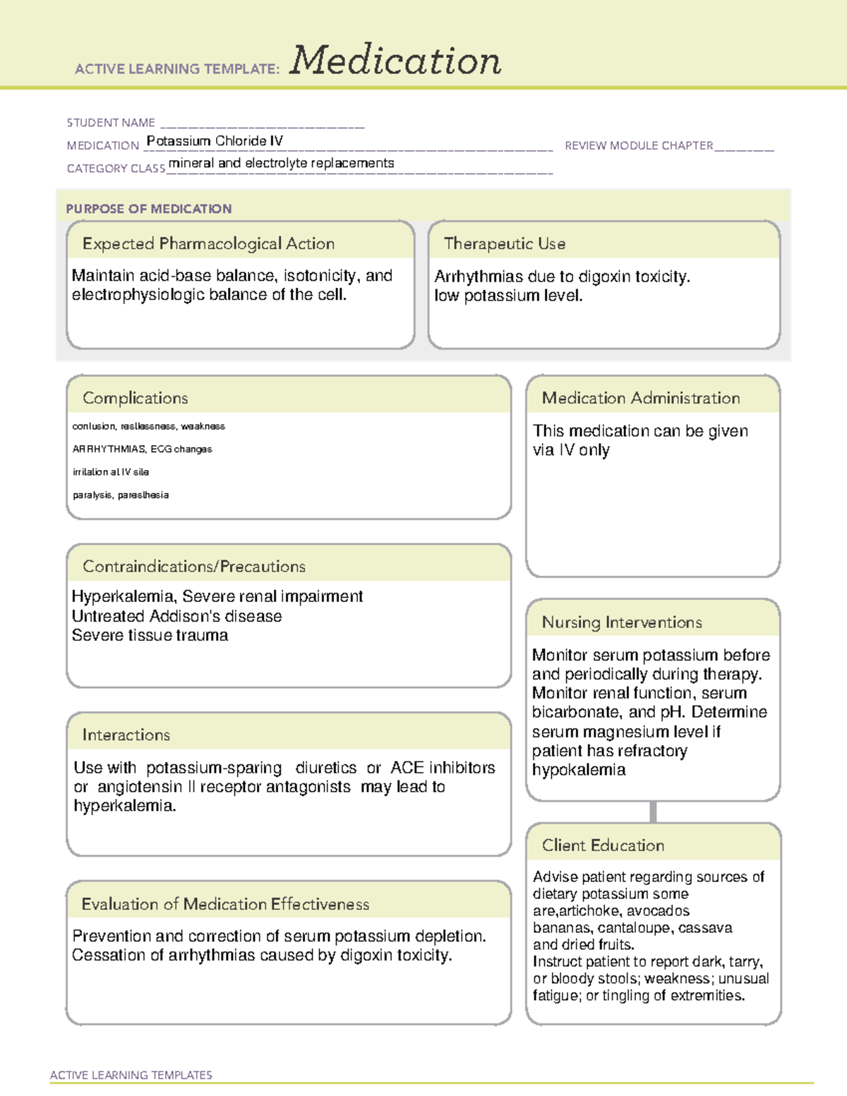 Potassium up - ACTIVE LEARNING TEMPLATES Medication STUDENT NAME - StuDocu