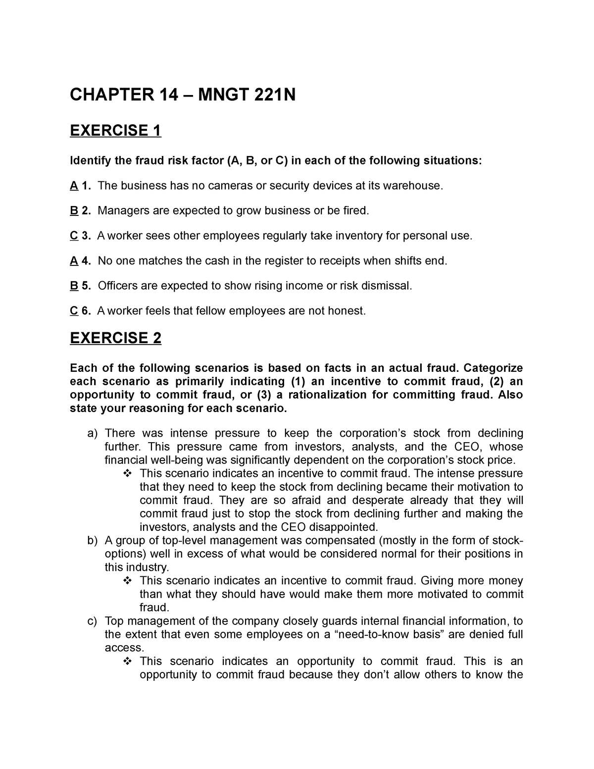 Chapter 14 - Answer - CHAPTER 14 – MNGT 221N EXERCISE 1 Identify The ...