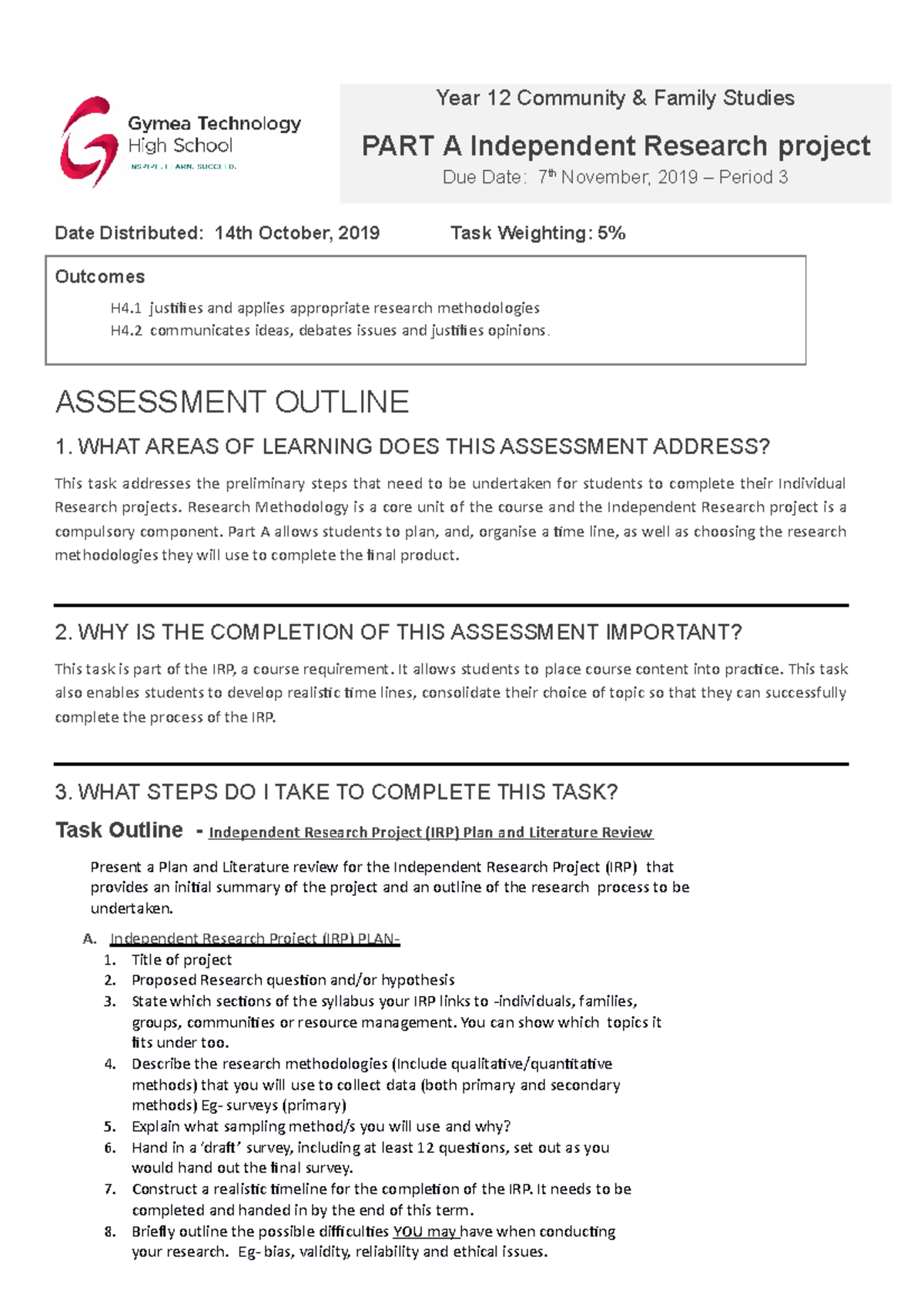 Year 12 CAFS IRP Notification 2019 - Year 12 Community & Family Studies ...