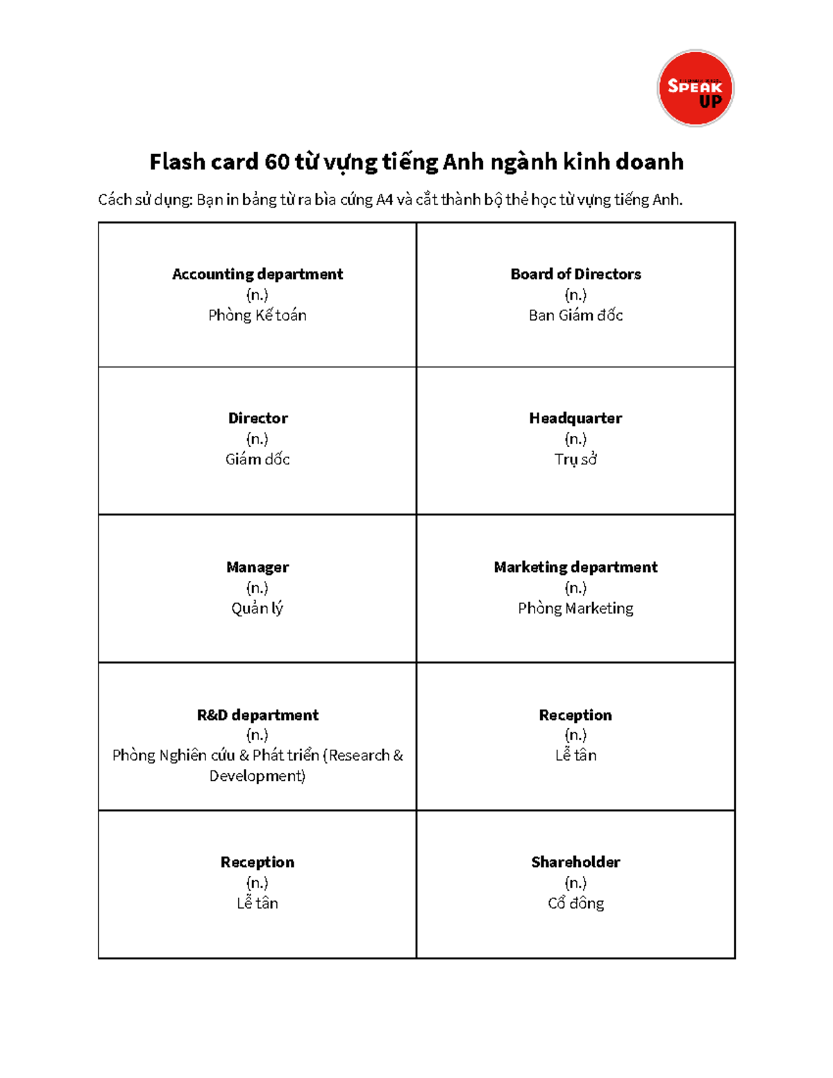 08 Speak UP Business English Flash cards Flash card 60 từ vựng tiếng Anh ngành kinh doanh Cách