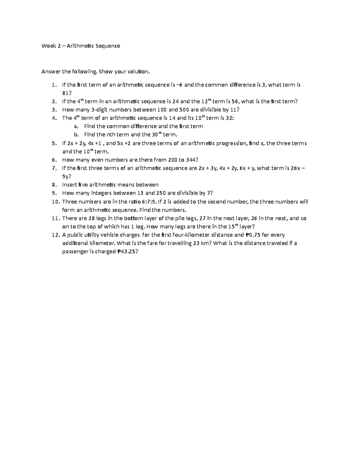 Week 2 arithmetic sequence - Week 2 – Arithmetic Sequence Answer the ...