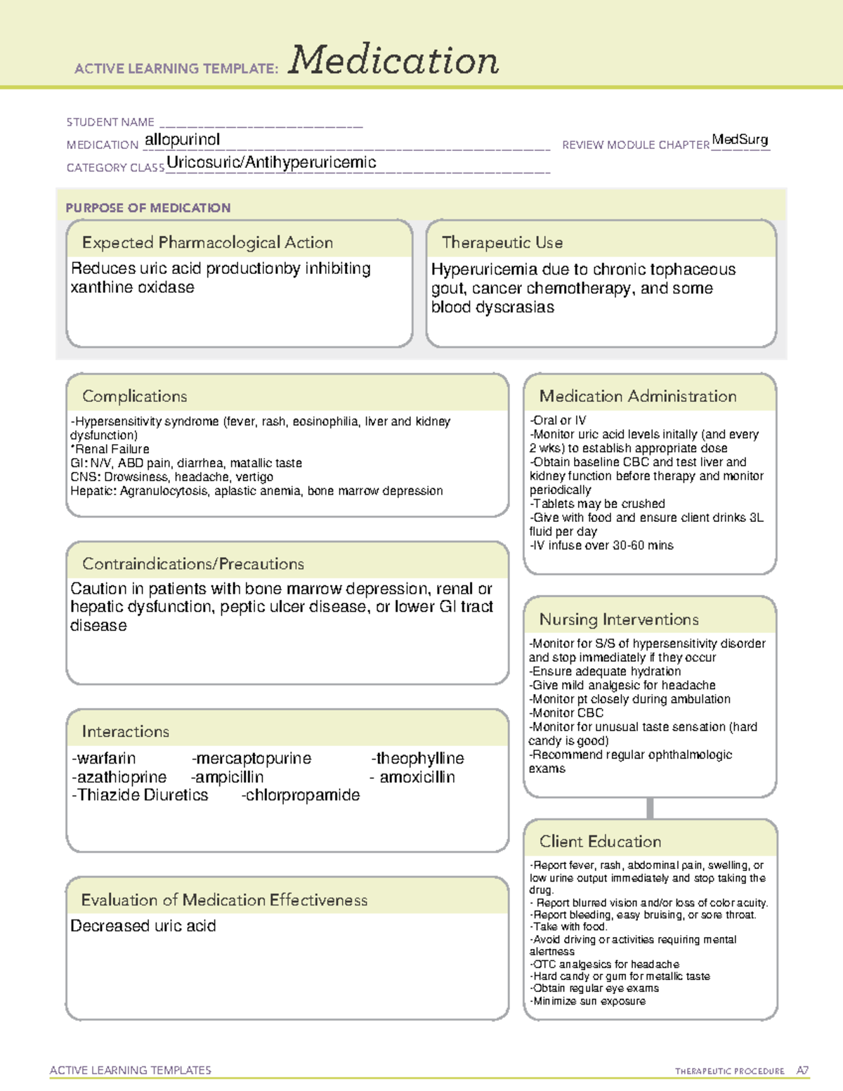 Allopurinol Med Sheet ACTIVE LEARNING TEMPLATES TherapeuTic procedure