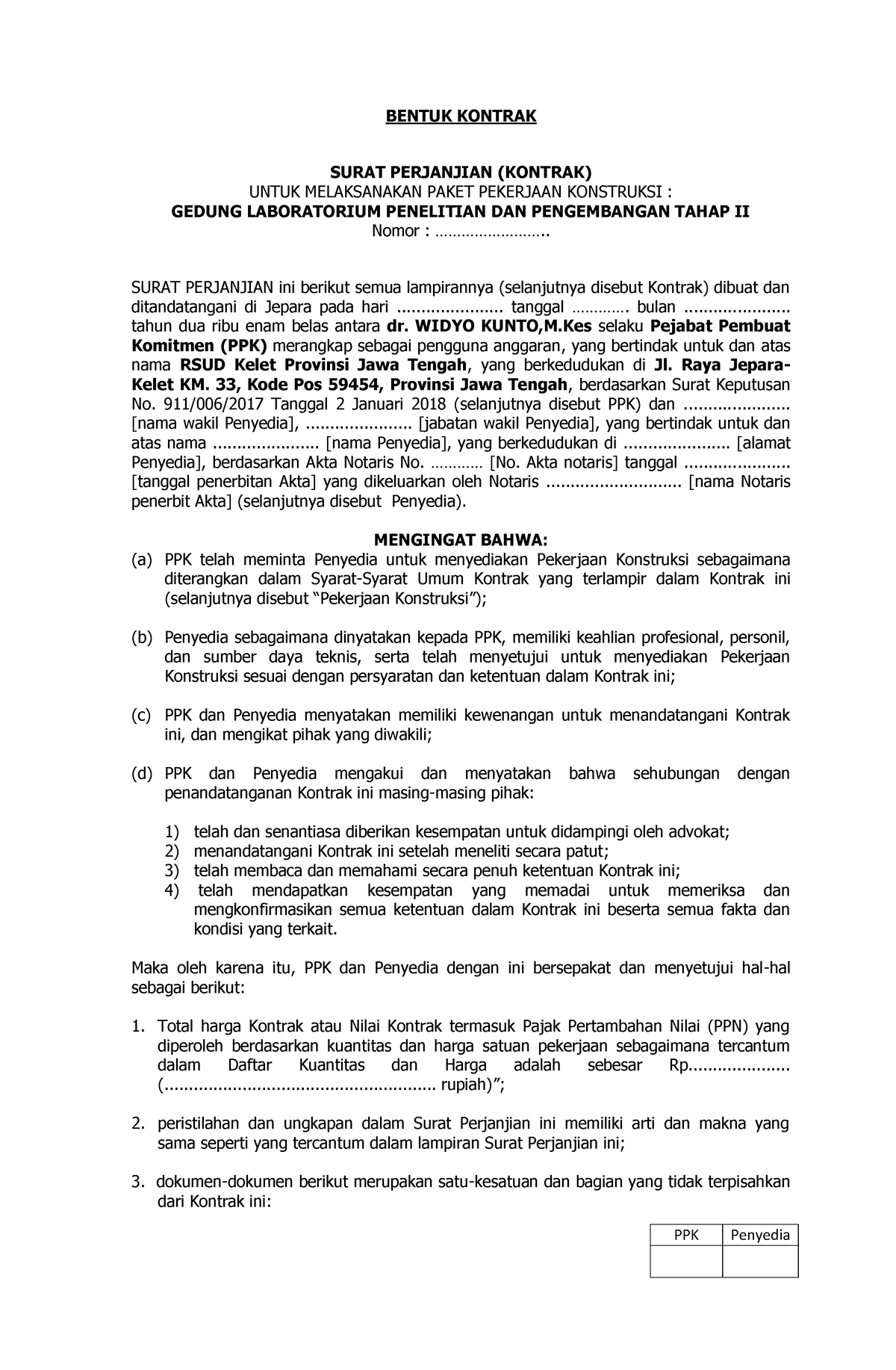 Rancangan Kontrak Tender 1569988112 - PPK Penyedia BENTUK KONTRAK SURAT ...