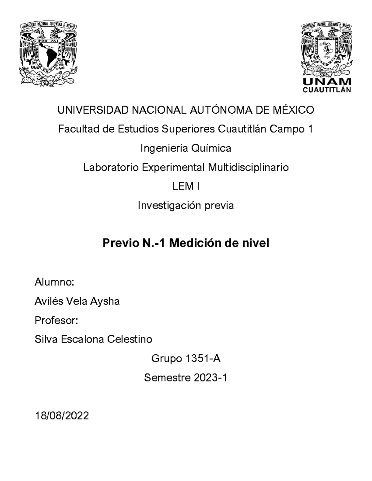 Previo LEM 1 - UNIVERSIDAD NACIONAL AUT”NOMA DE M.. Facultad De ...