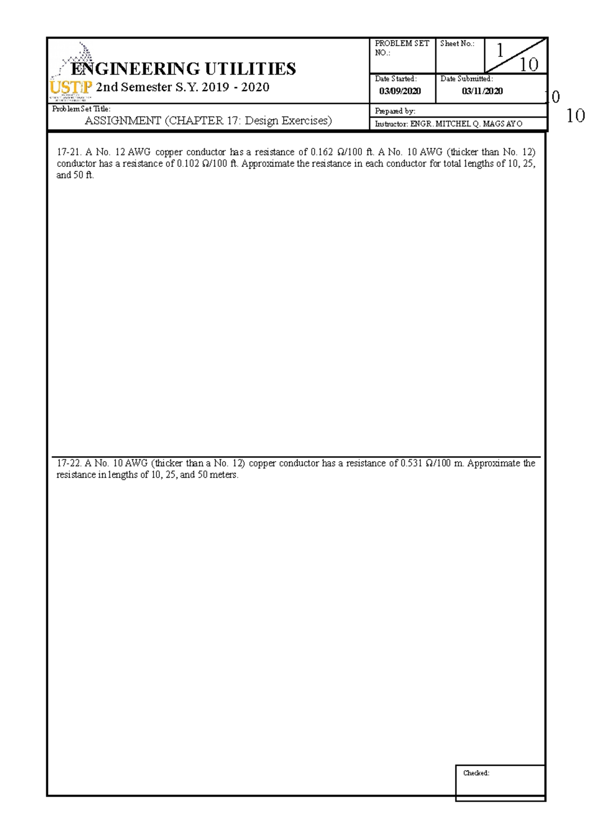 Assignment SA EE Blank - 03/09/ 10 10 10 03/11/ ENGINEERING UTILITIES ...
