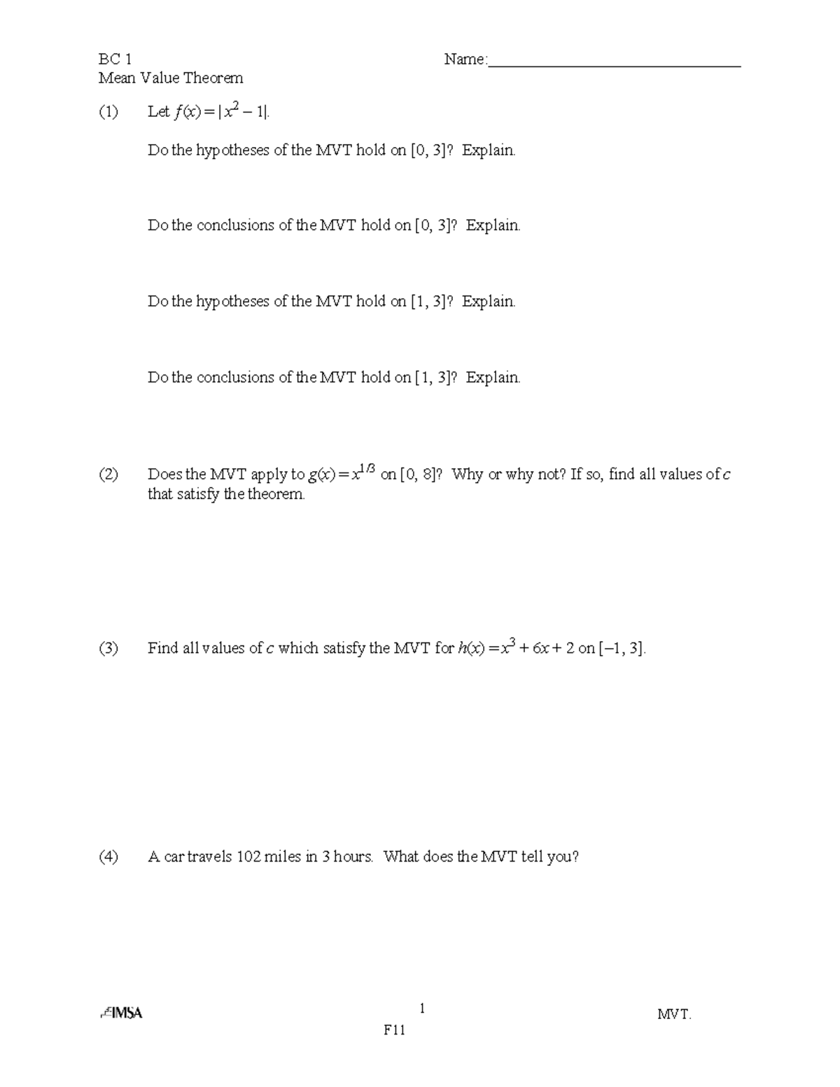 Mvt practice - concept problems with mean value theorem - BC 1 Name ...