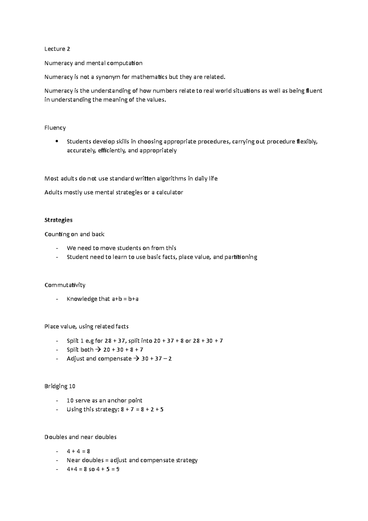 Lecture 2 - Lecture 2 Numeracy and mental computation Numeracy is not a ...