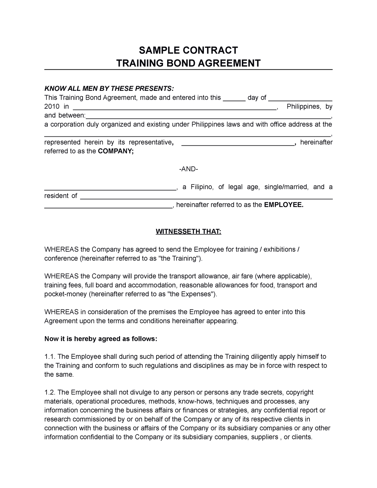 D0005 Training Bond Contract - SAMPLE CONTRACT TRAINING BOND AGREEMENT ...