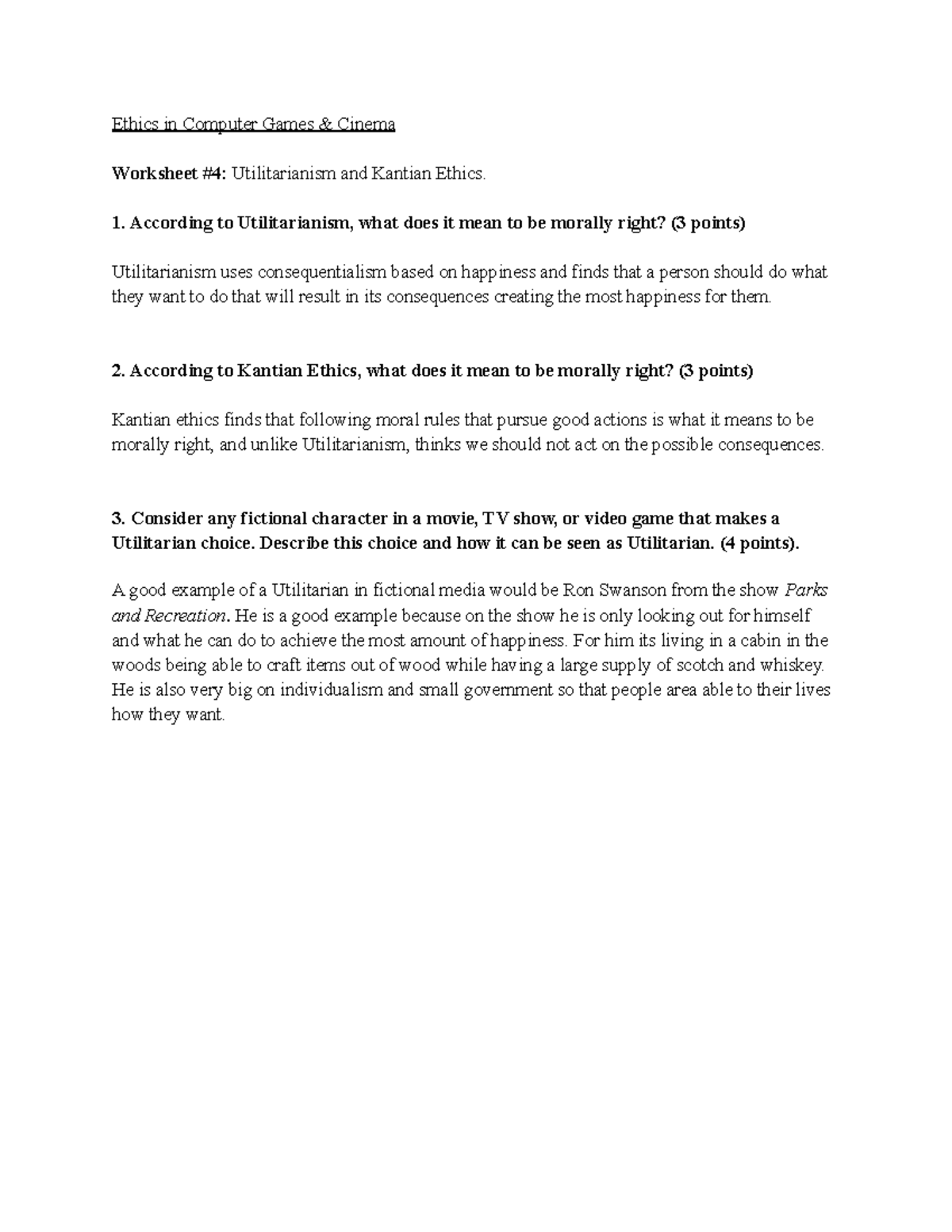 Ethics Worksheet No. 4 - Ethics in Computer Games & Cinema Worksheet #4 ...