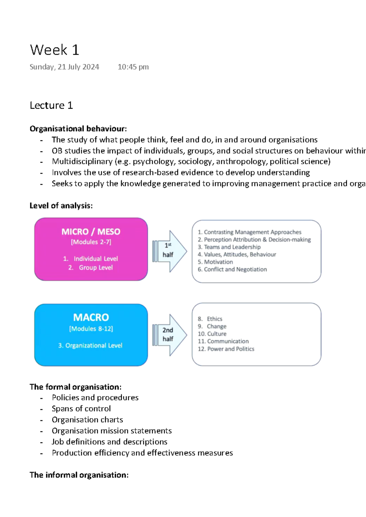 Week 1 - OB - Lecture 1 notes - Lecture 1 Organisational behaviour: The ...