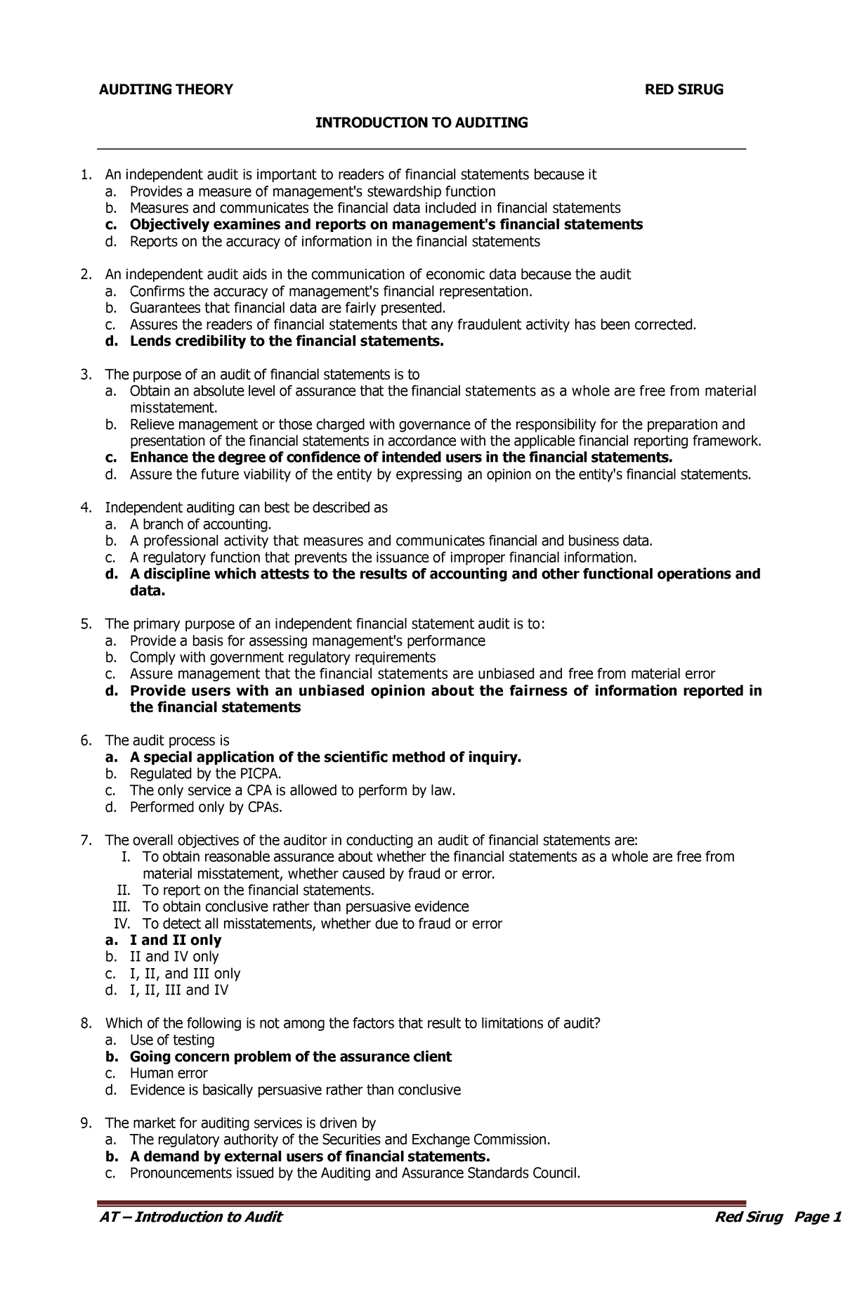 Introduction To Audit Process Testbank - AUDITING THEORY RED SIRUG ...