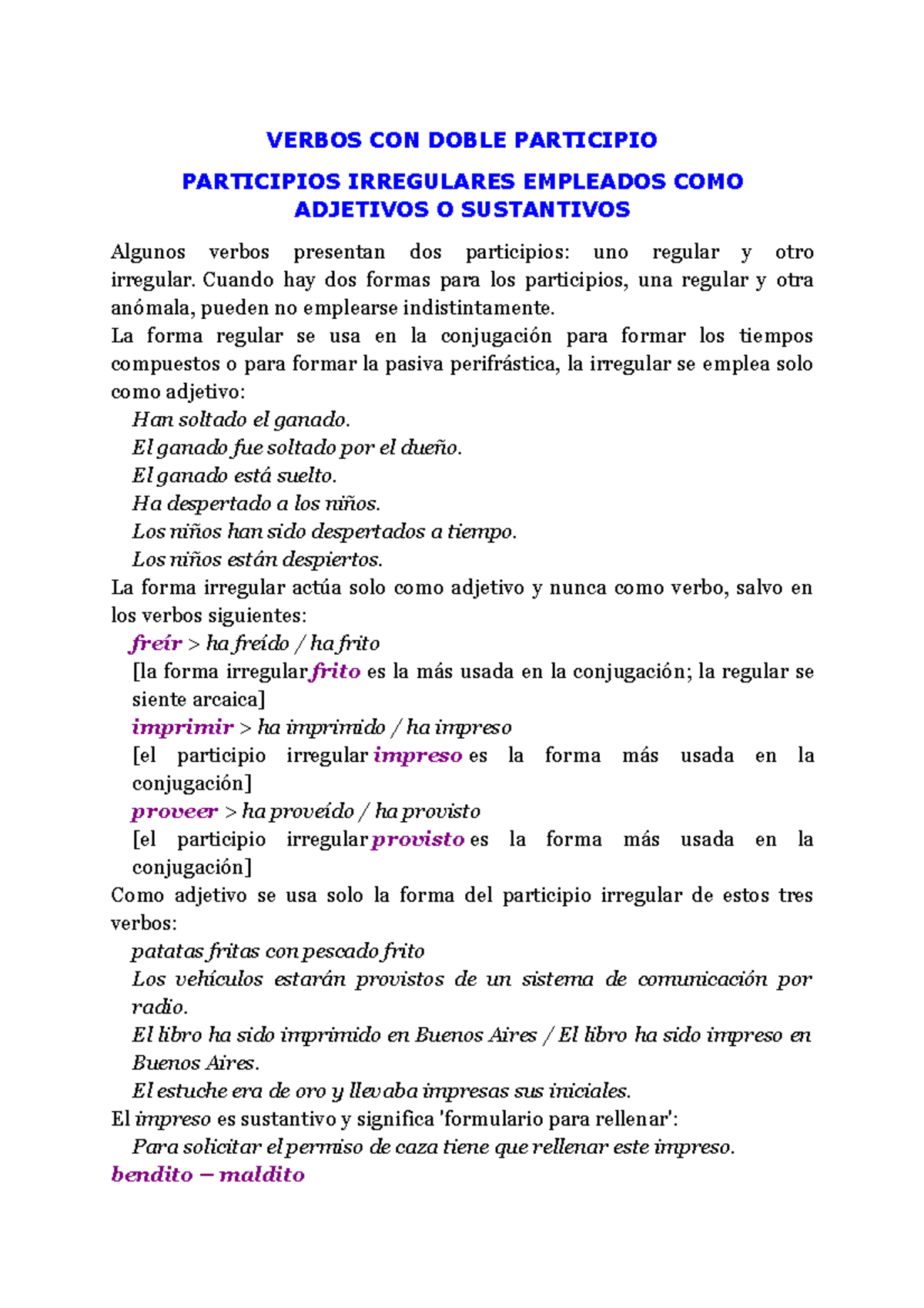 Doble participio - tabela - VERBOS CON DOBLE PARTICIPIO PARTICIPIOS ...