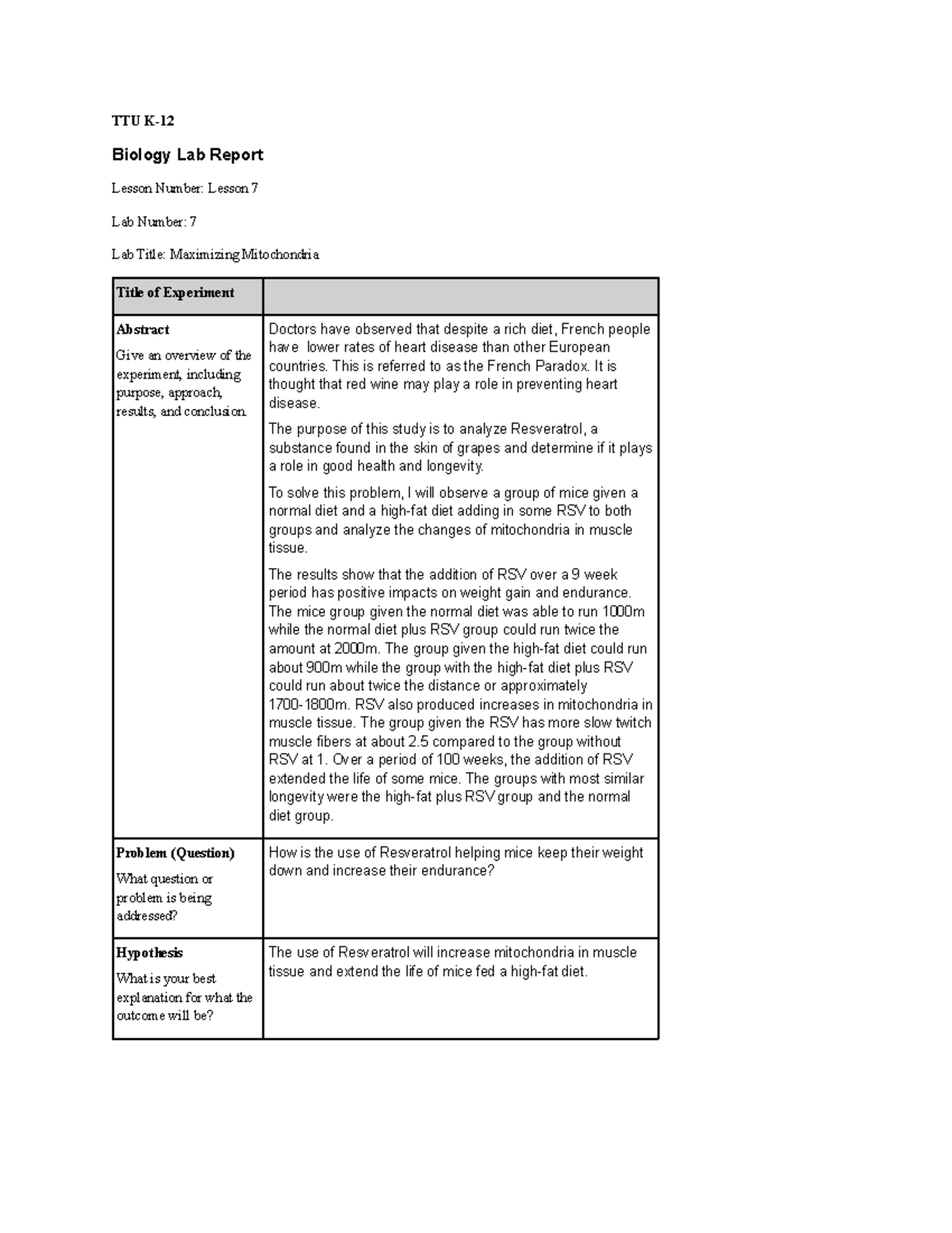 Lab 7 Lesson 7 Lab Ttu K Biology Lab Report Lesson Number Lesson 7 Lab Number 7 Lab Title 