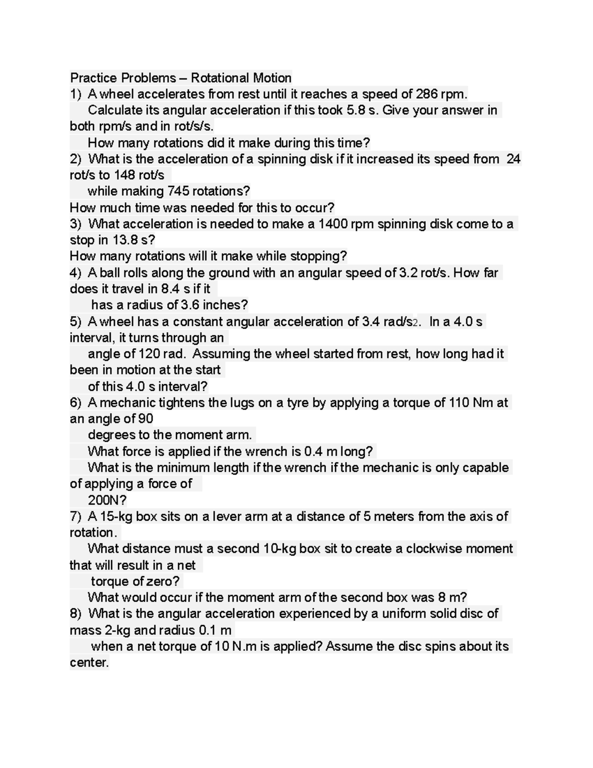 Physics 31 - practice materials - Practice Problems – Rotational Motion ...