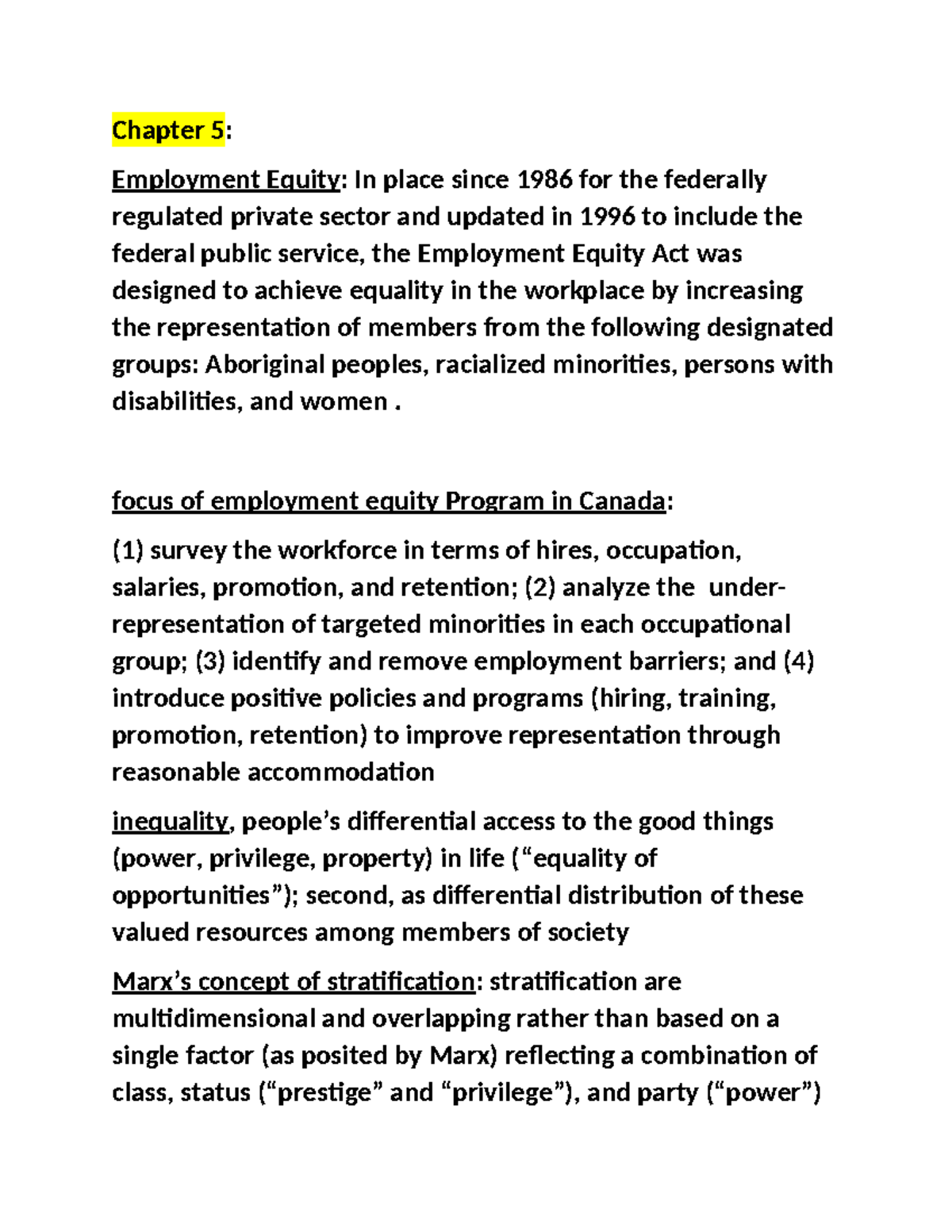 Study Topics FOR Final EXAM - Chapter 5: Employment Equity: In place ...