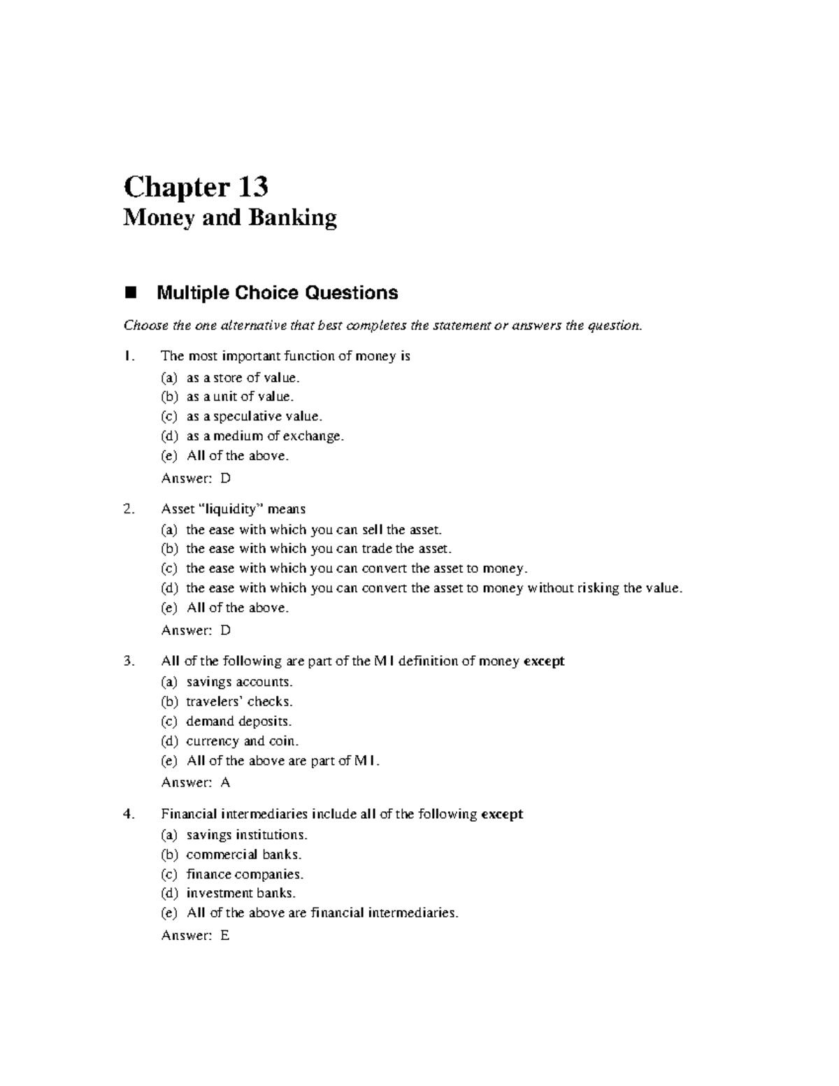 Money and Banking Chapter 13 Money and Banking Multiple Choice