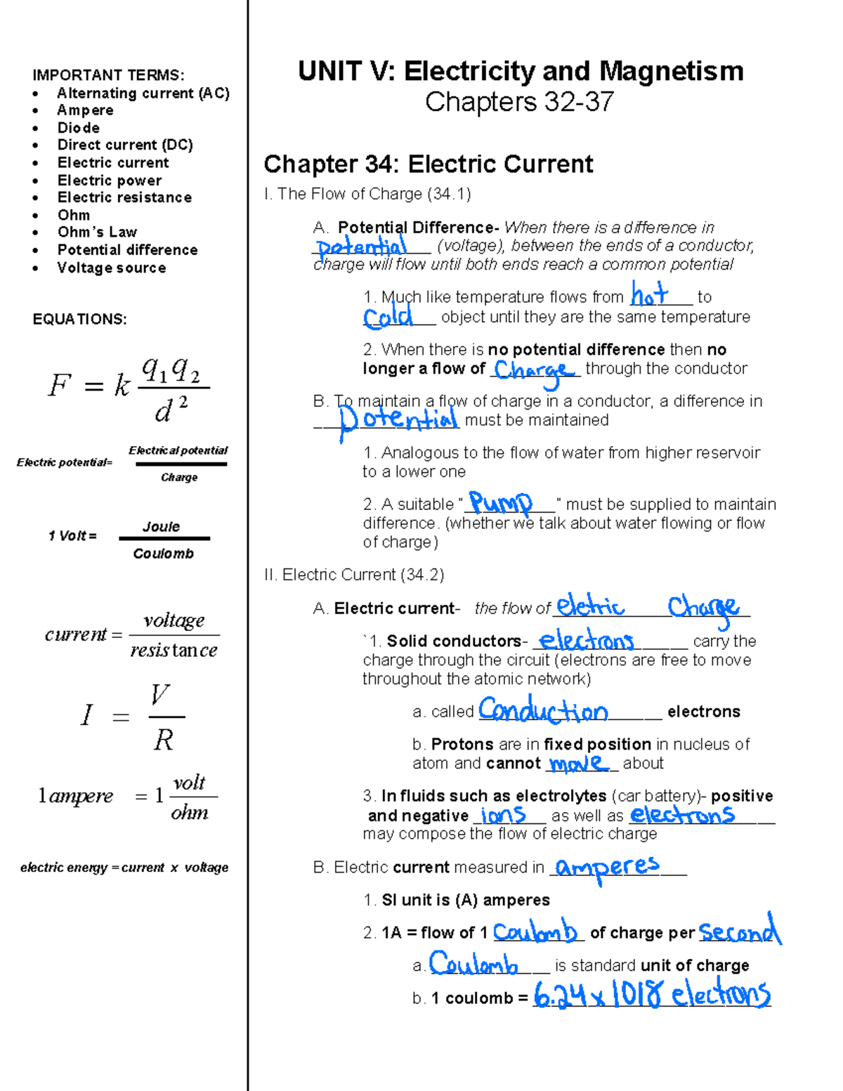 CH34 Physics Students 2009 - UNIT V: Electricity And Magnetism Chapters ...