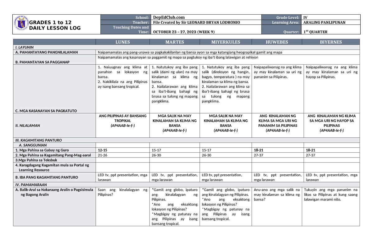 DLL Araling Panlipunan 4 Q1 W9 - GRADES 1 To 12 DAILY LESSON LOG School ...