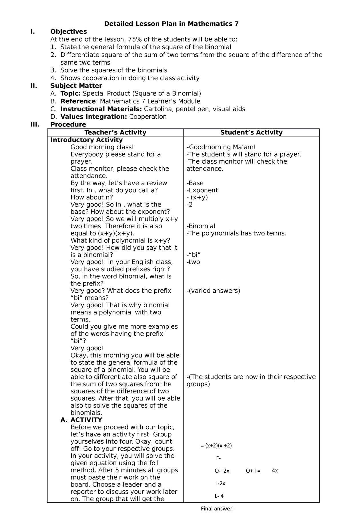 Detailed Lesson Plan in Mathematics 7 for demo - Detailed Lesson Plan ...