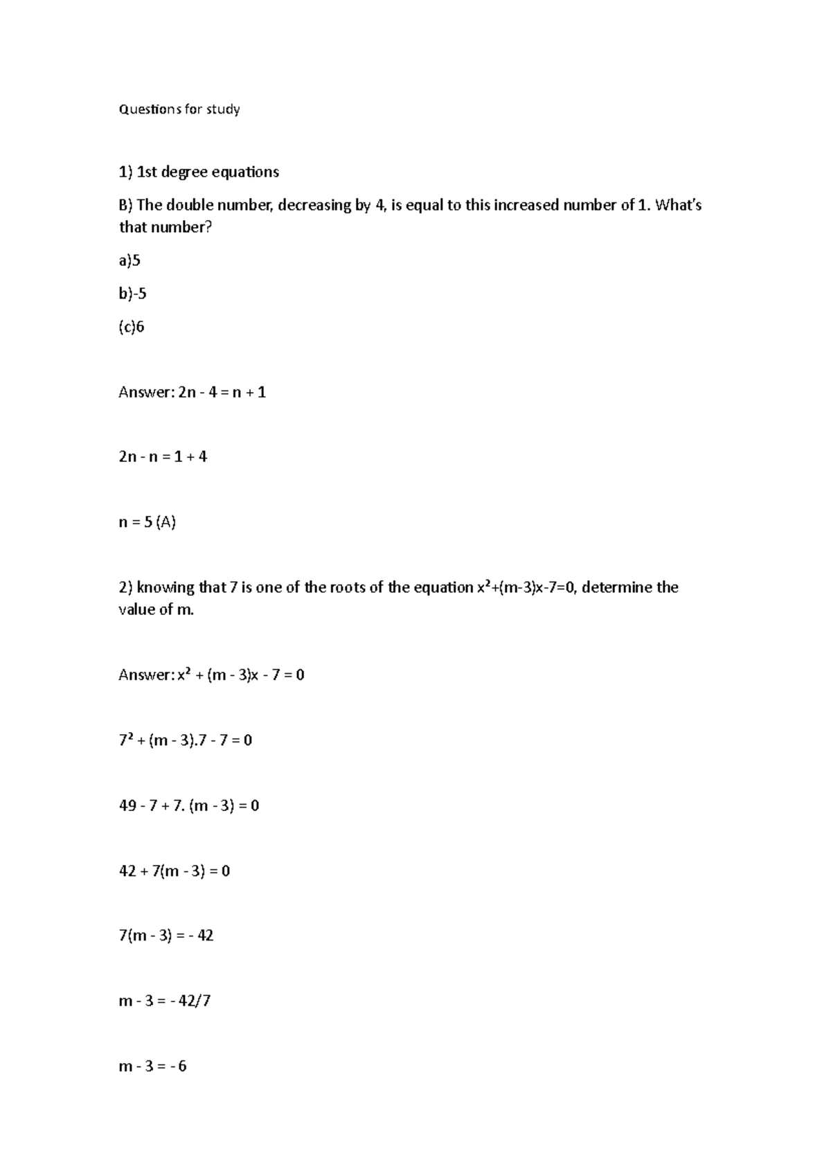 Questions for studyyy - Algebra Study Materials, Notes, Papers, and ...