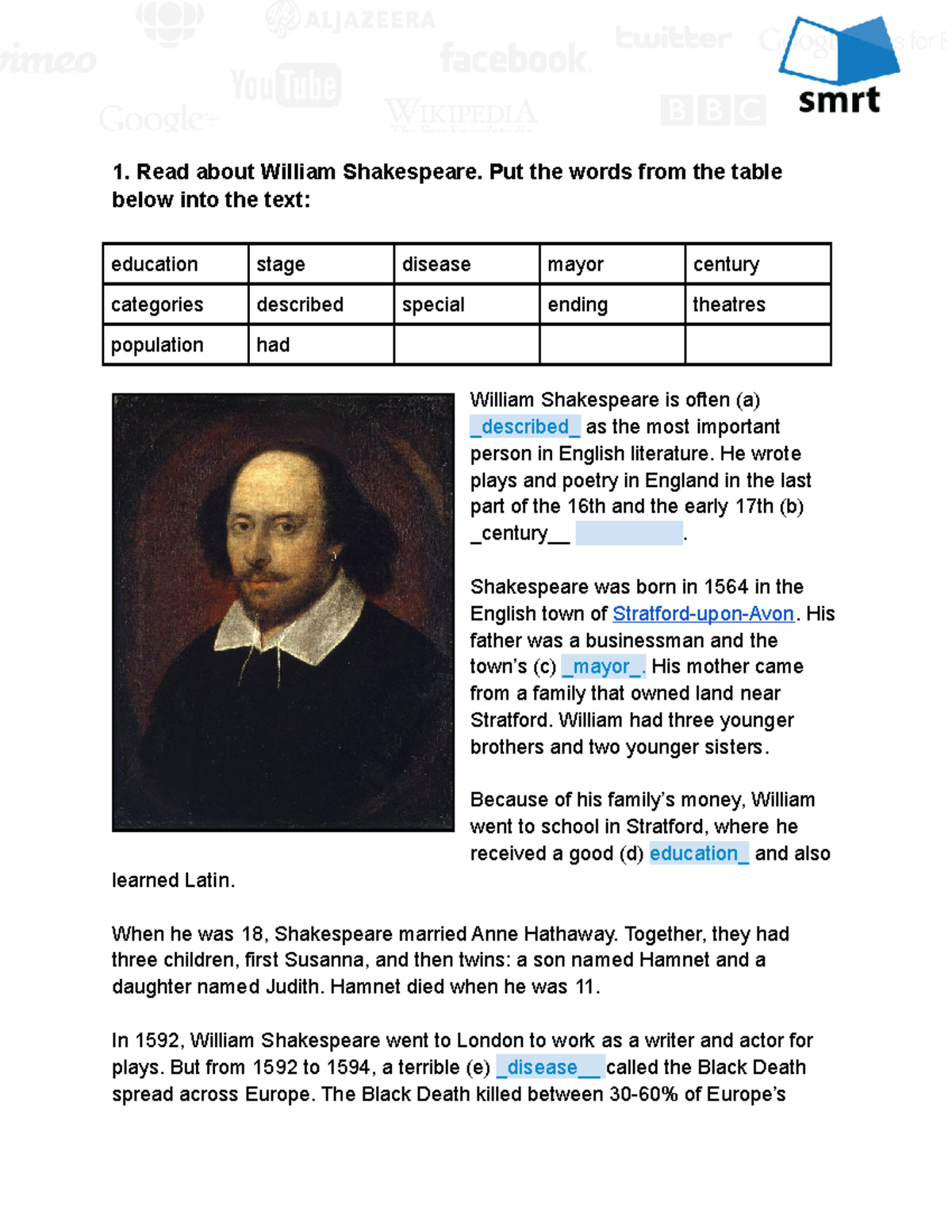 ENGL120 Reading 4-1 William Shakespeare - 1. Read about William ...