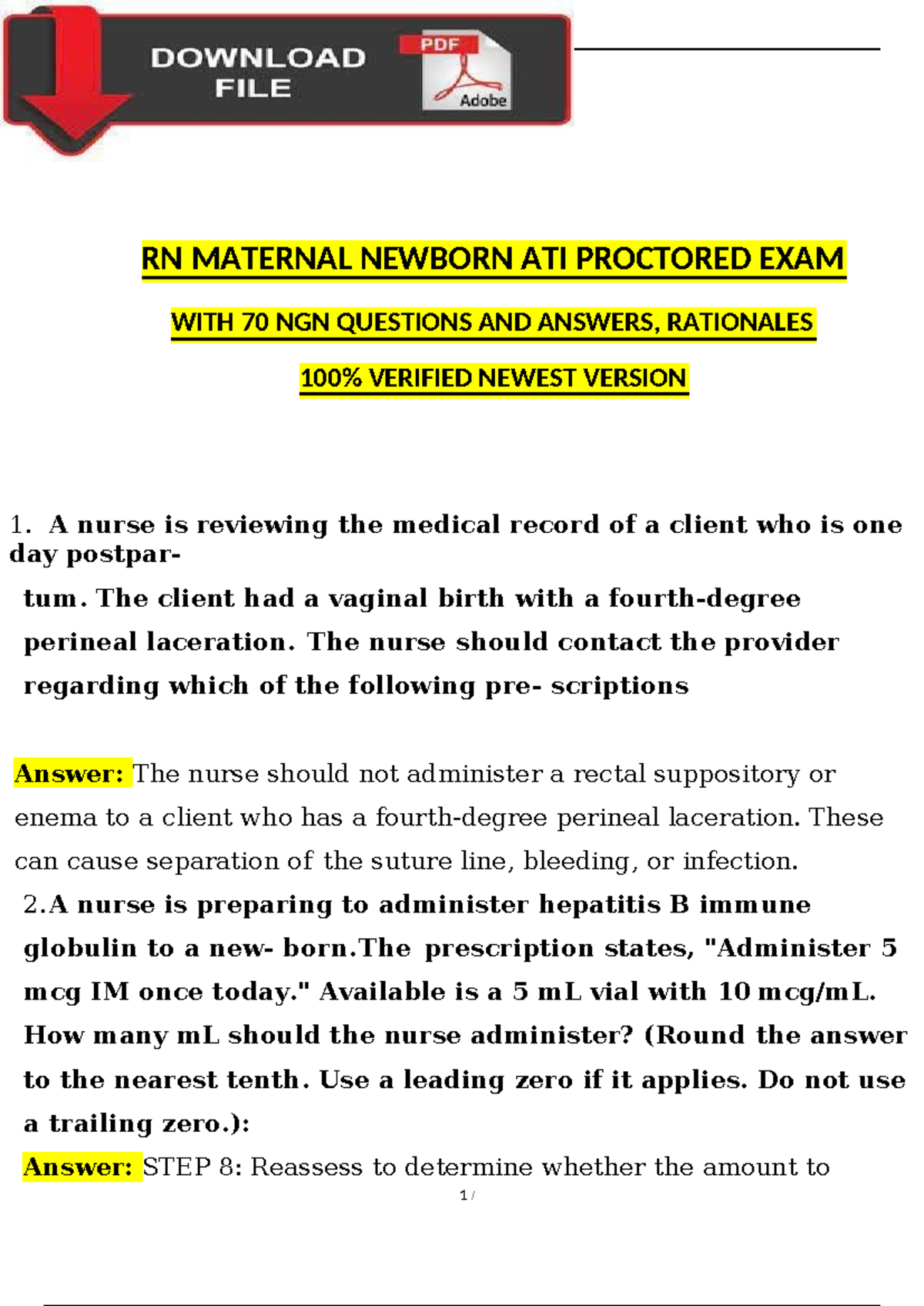 2023 RN Maternal Newborn ATI Proctored EXAM WITH NGN Questions AND