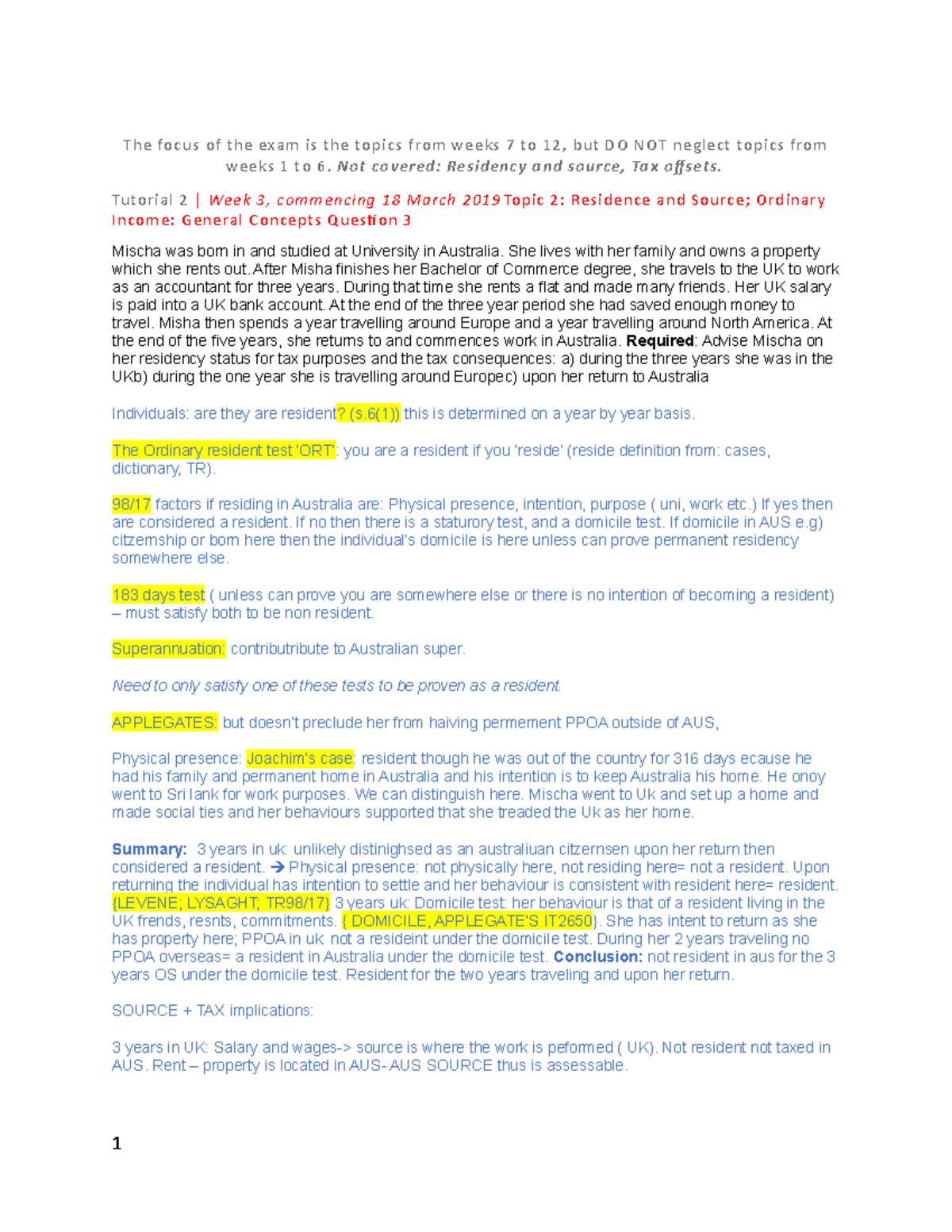 Tax law tutorial questions The focus of the exam is the topics from