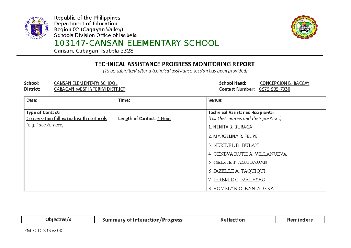 FM CID 023 Technical Assistance Progress Monitoring Report - Republic ...