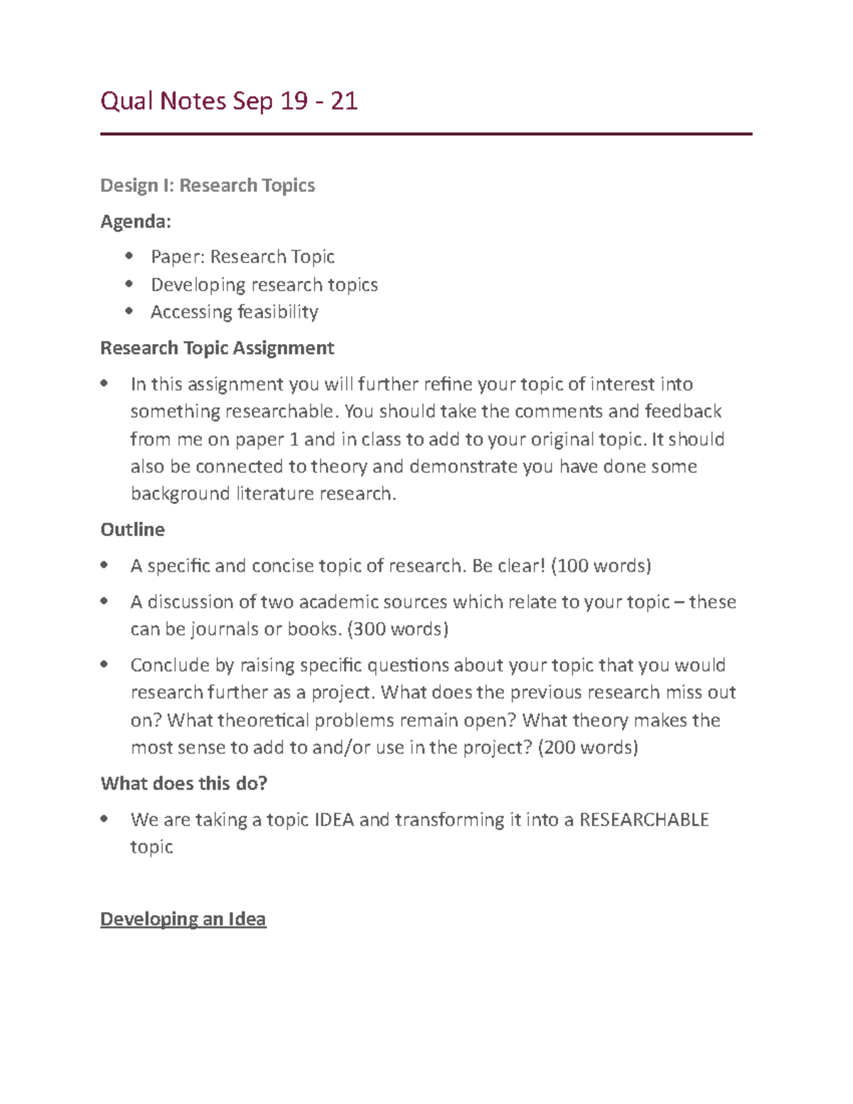Qual Notes Sep 19 21 - Paper: Research Topic, Developing research ...