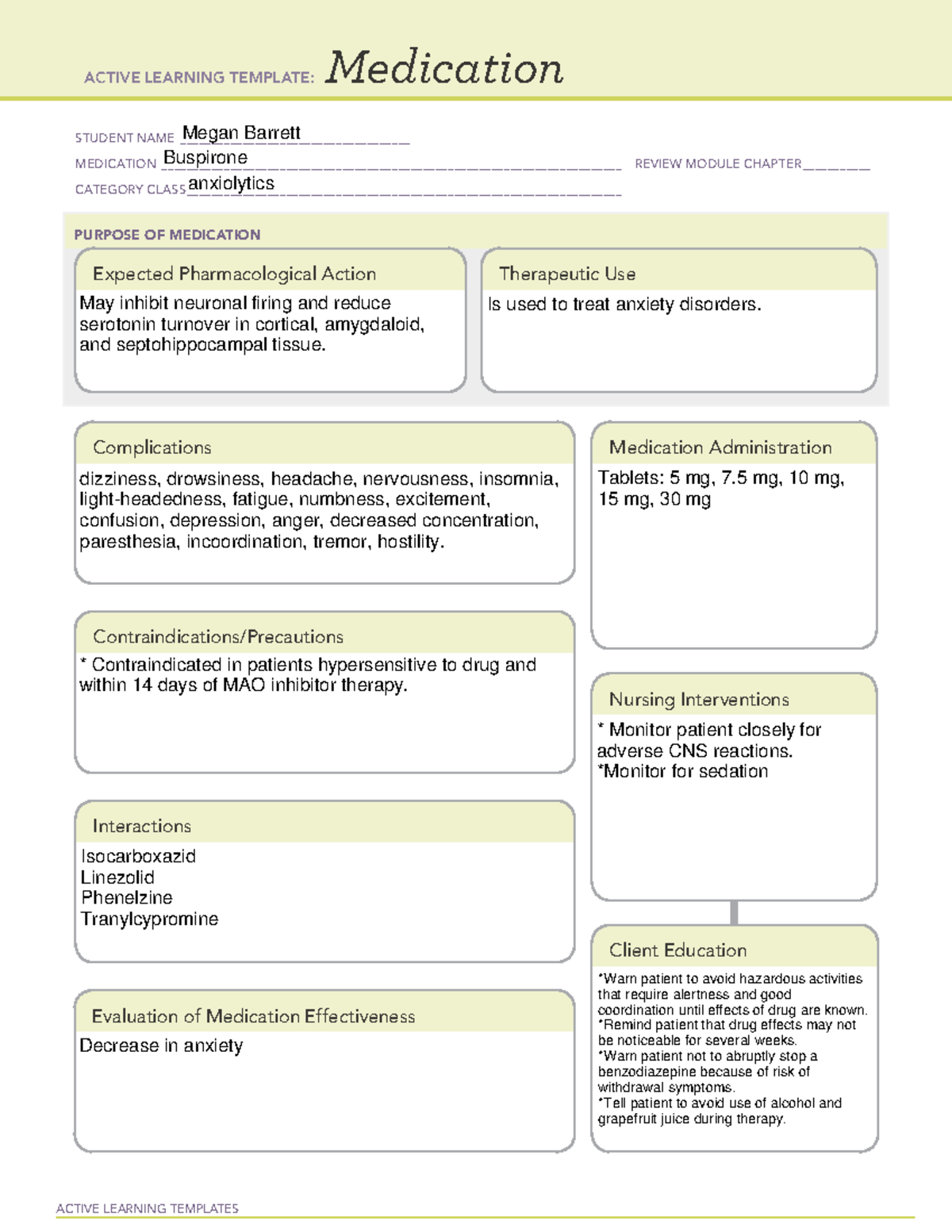 Buspirone ACTIVE LEARNING TEMPLATES Medication STUDENT NAME