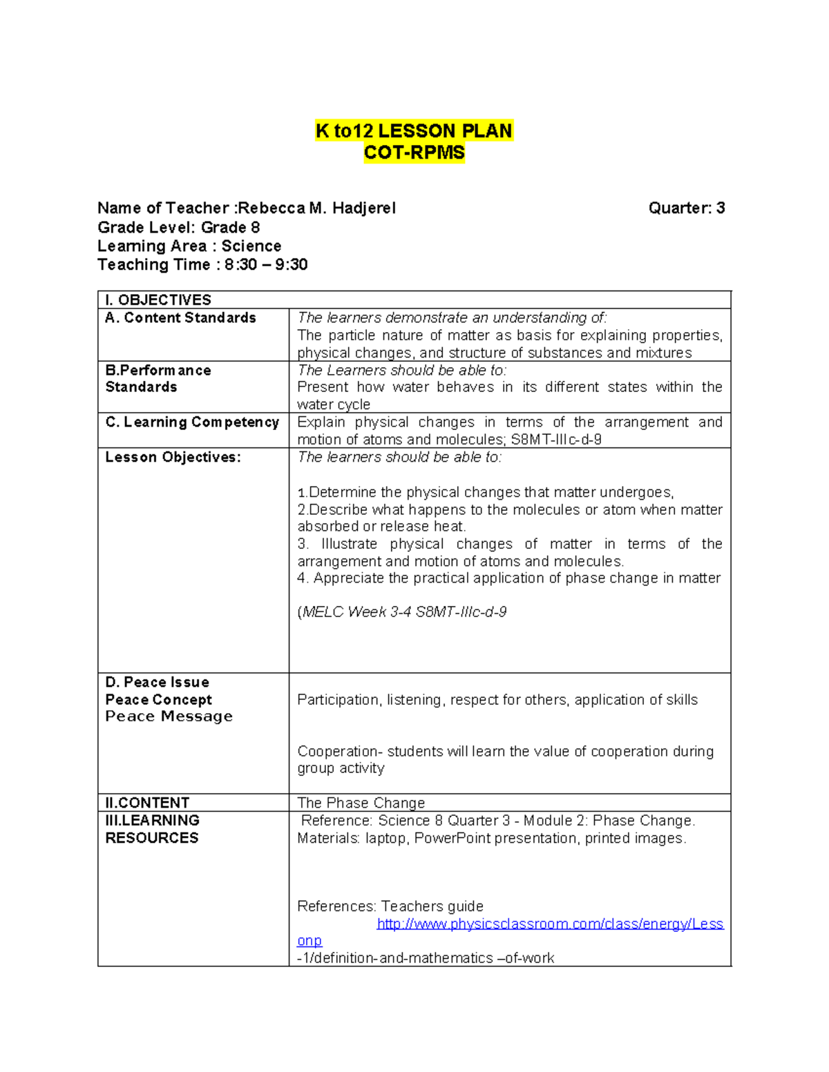 SCIENCE 8_ COT3 _Quarter 3 - K To12 LESSON PLAN COT-RPMS Name Of ...