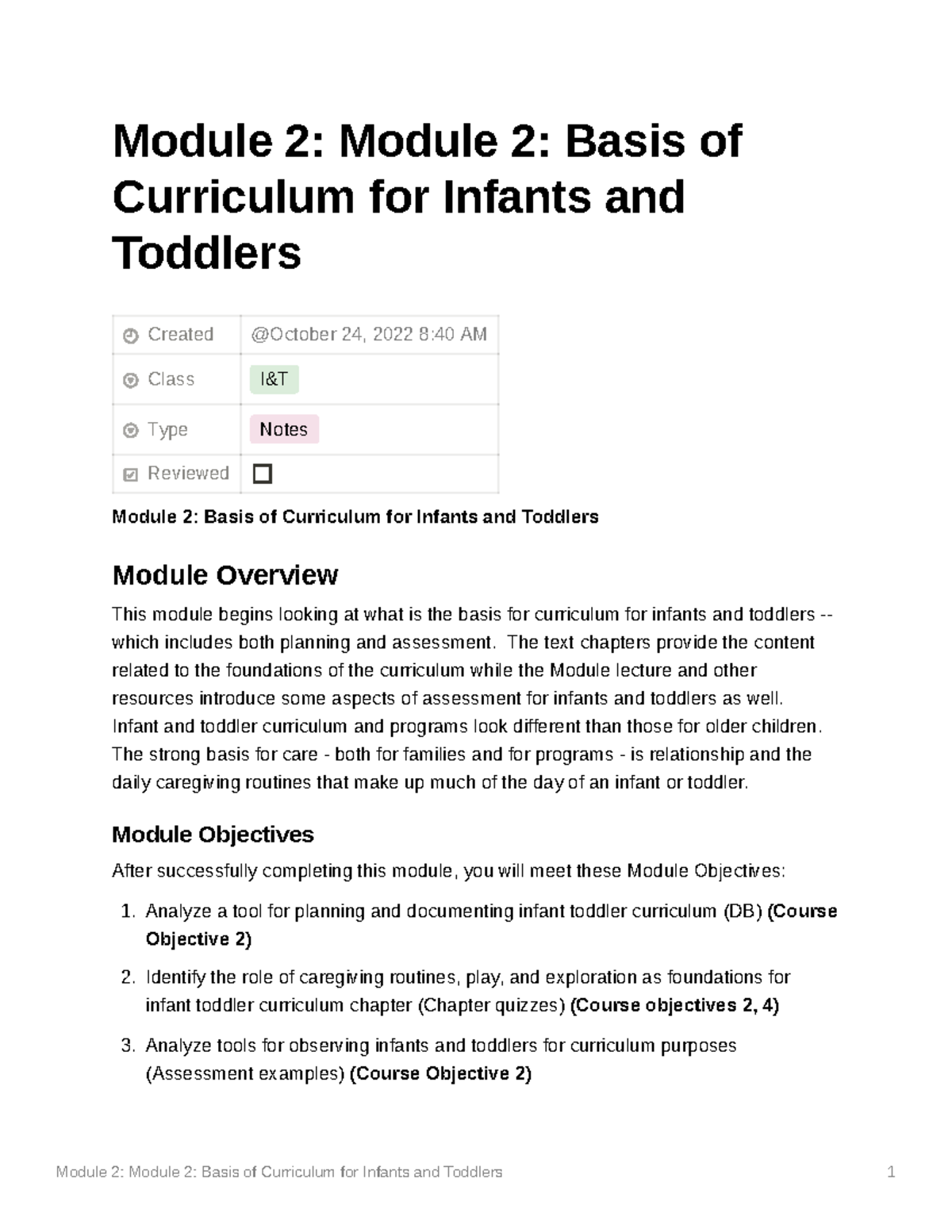 Module 2 Module 2 Basis of Curriculum for Infants and Toddlers Module