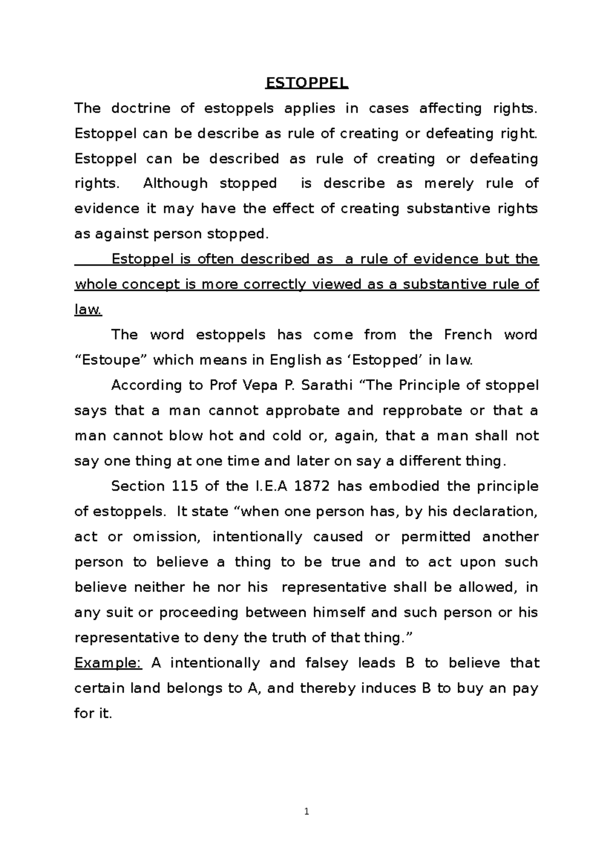 Part II - Evidence law notes - ESTOPPEL The doctrine of estoppels ...