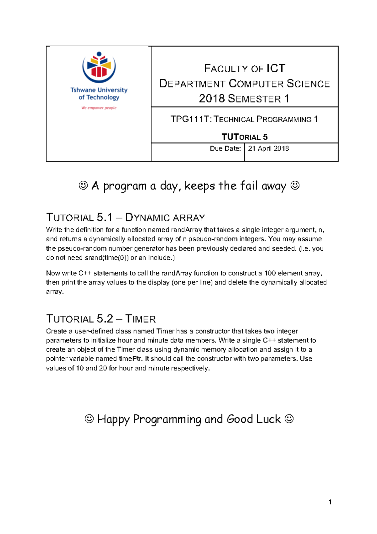 TPG111T 2018 S1Tutorial 5 - FACULTY OF ICT DEPARTMENT COMPUTER SCIENCE ...