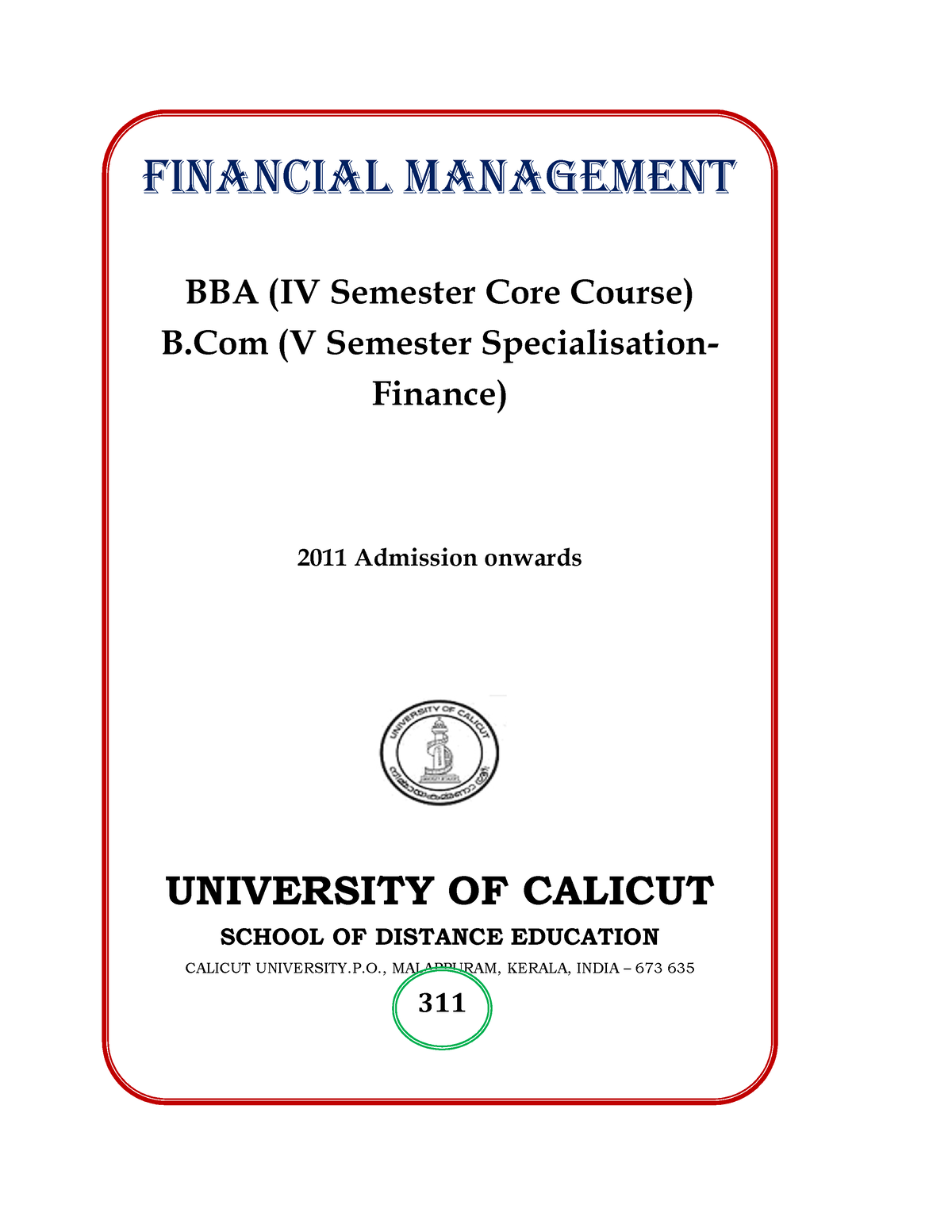 Financial Management B - FINANCIAL MANAGEMENT BBA (IV Semester Core ...