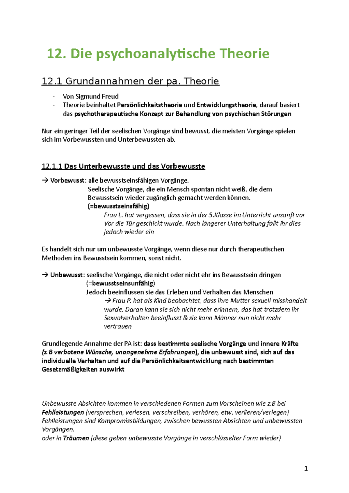 Sigmund Freud Theorie Zusammenfassung 12.Kapitel: Sigmund Freud Psychoanalyse - 12 Grundannahmen der pa