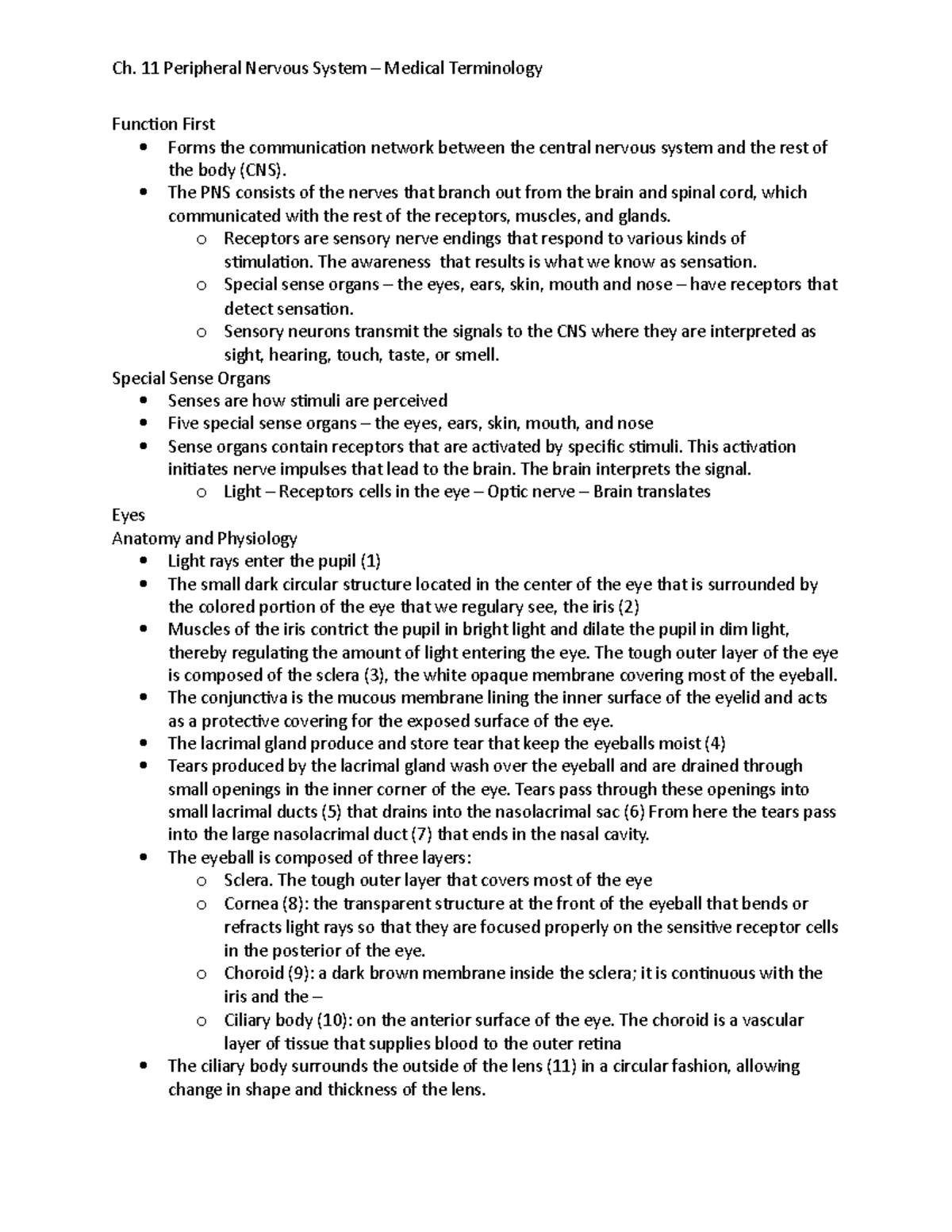 Ch 11 Peripheral Nervous System - Notes - Function First Forms the ...