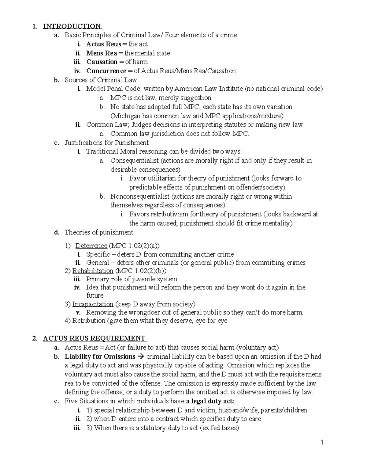 Criminal Law Outline - 1. INTRODUCTION A. Basic Principles Of Criminal ...