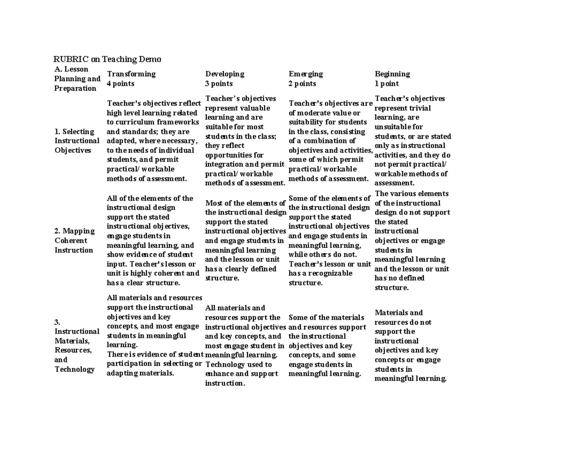 Rubric on Teaching Demo - RUBRIC on Teaching Demo A. Lesson Planning ...