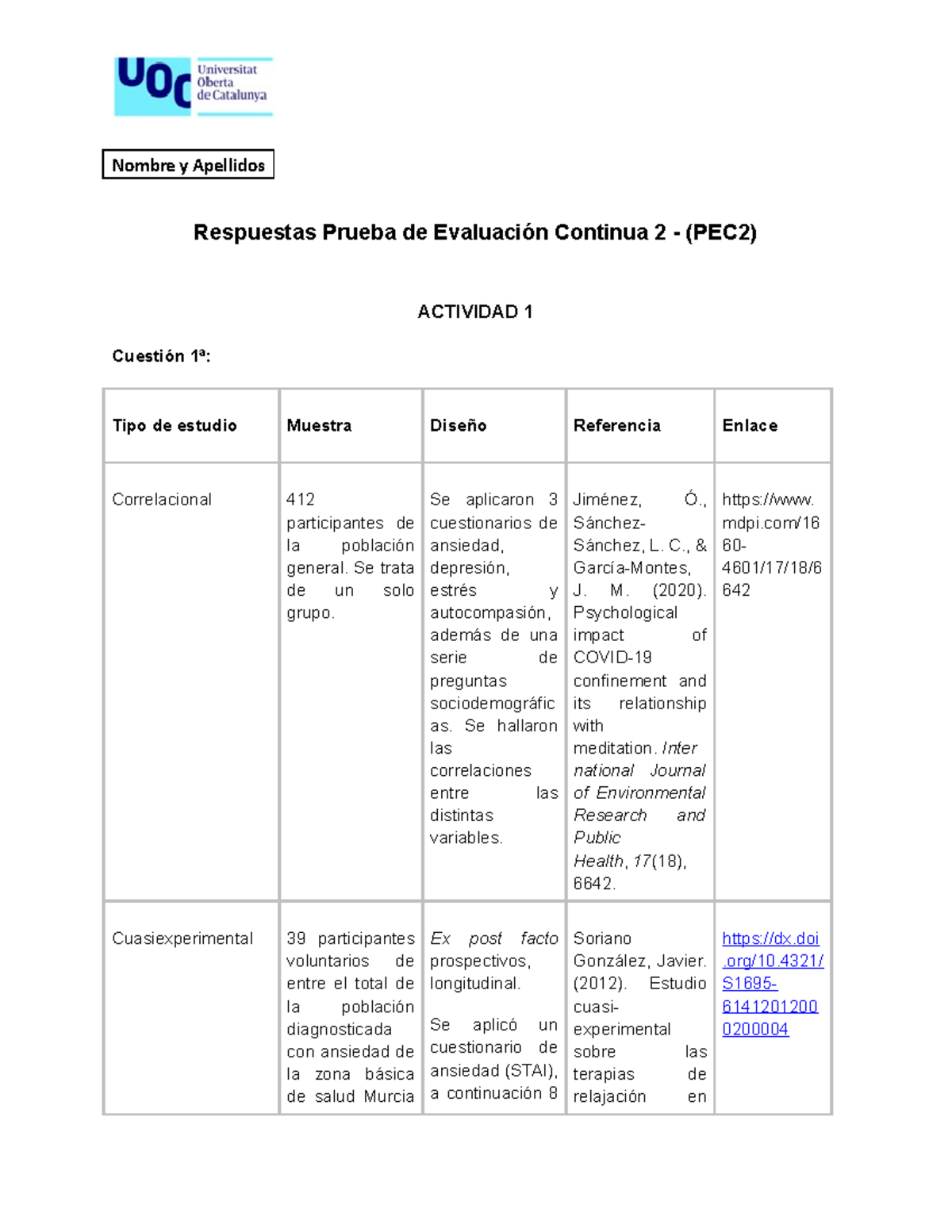 Pec2 salud - PEC - Nombre y Apellidos Respuestas Prueba de Evaluación ...