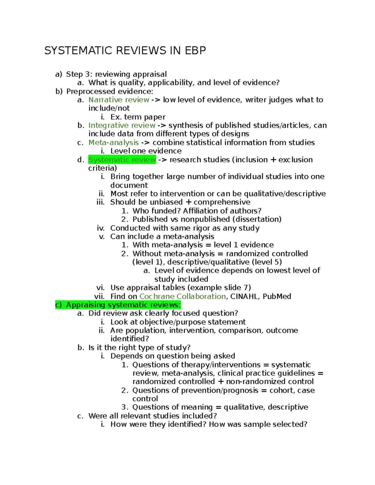 Systematic Reviews EBP - SYSTEMATIC REVIEWS IN EBP A) Step 3: Reviewing ...