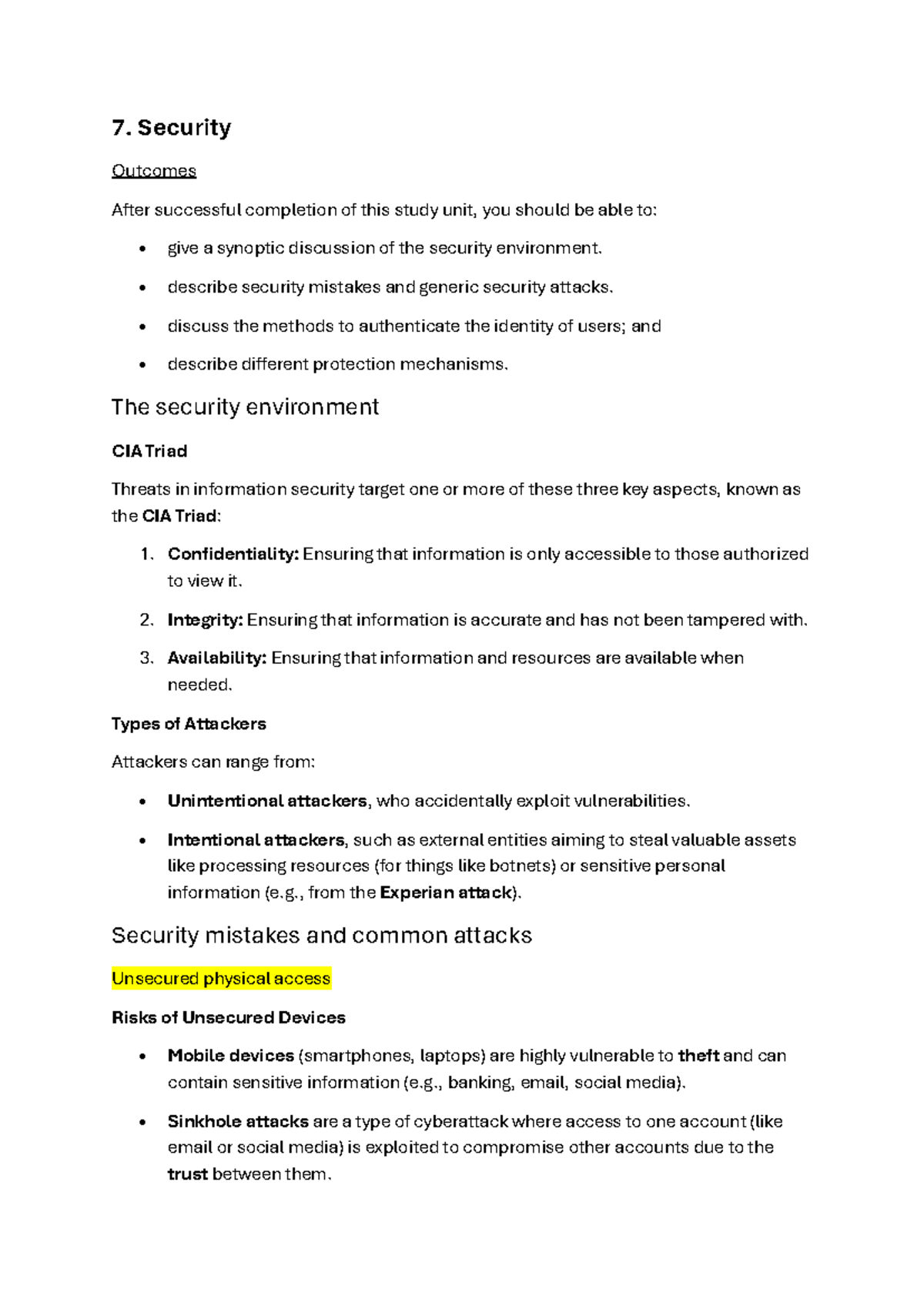 Study Unit 7 extra notes - 7. Security Outcomes After successful ...