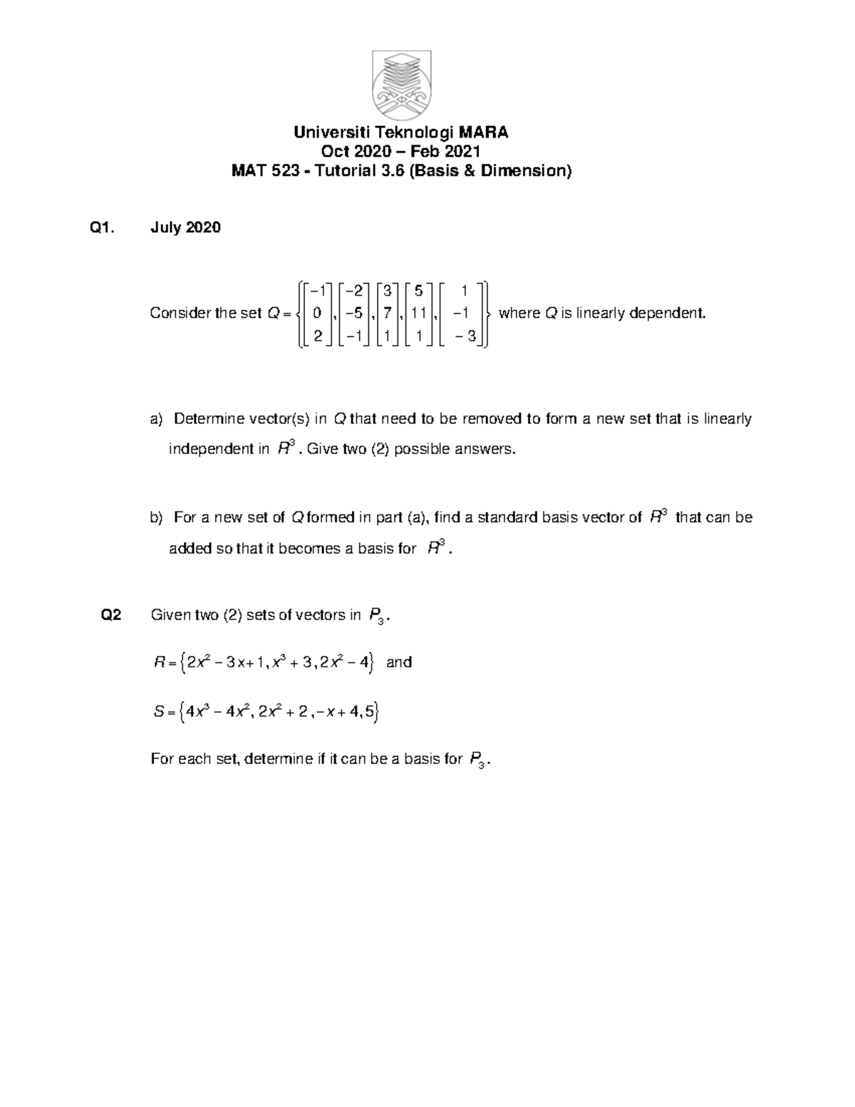 Tutorial 3.6 Basis & Dimension - Universiti Teknologi MARA Oct 2020 ...