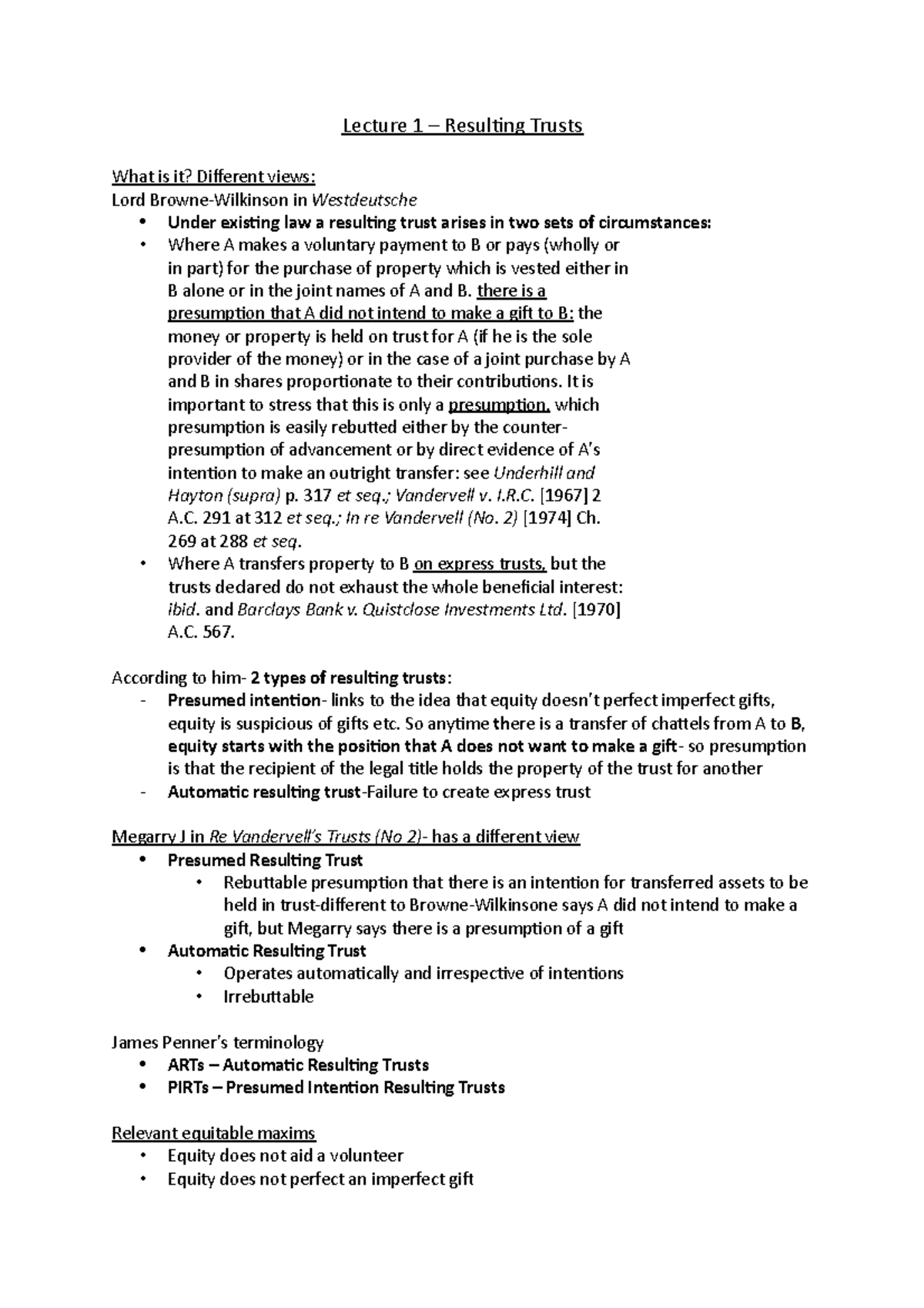 Resulting Trusts - Lecture 1 – Resulting Trusts What is it? Different ...